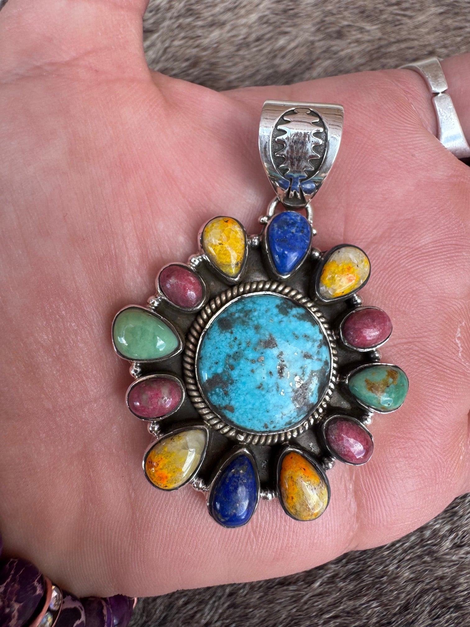 Handmade Sterling Silver Multi Stone Pendant signed Nizhoni (Blue)