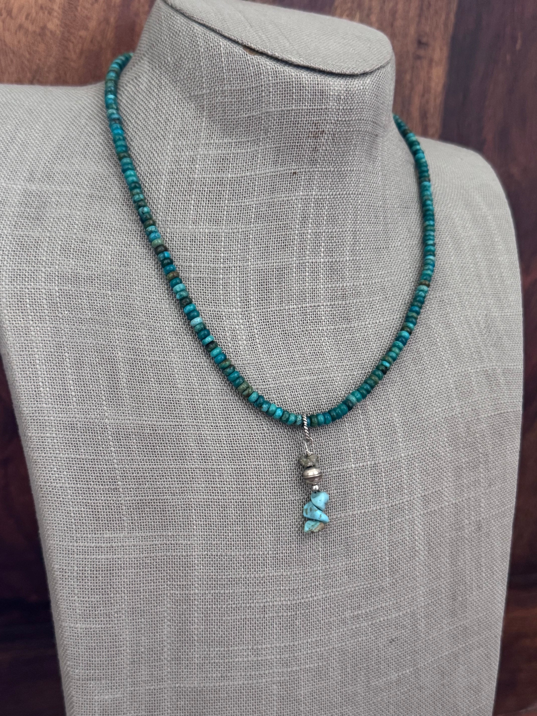 Handmade Sterling Silver & Hubei Turquoise Beaded Necklace with Charm 18.5" by Roaming Buffalo