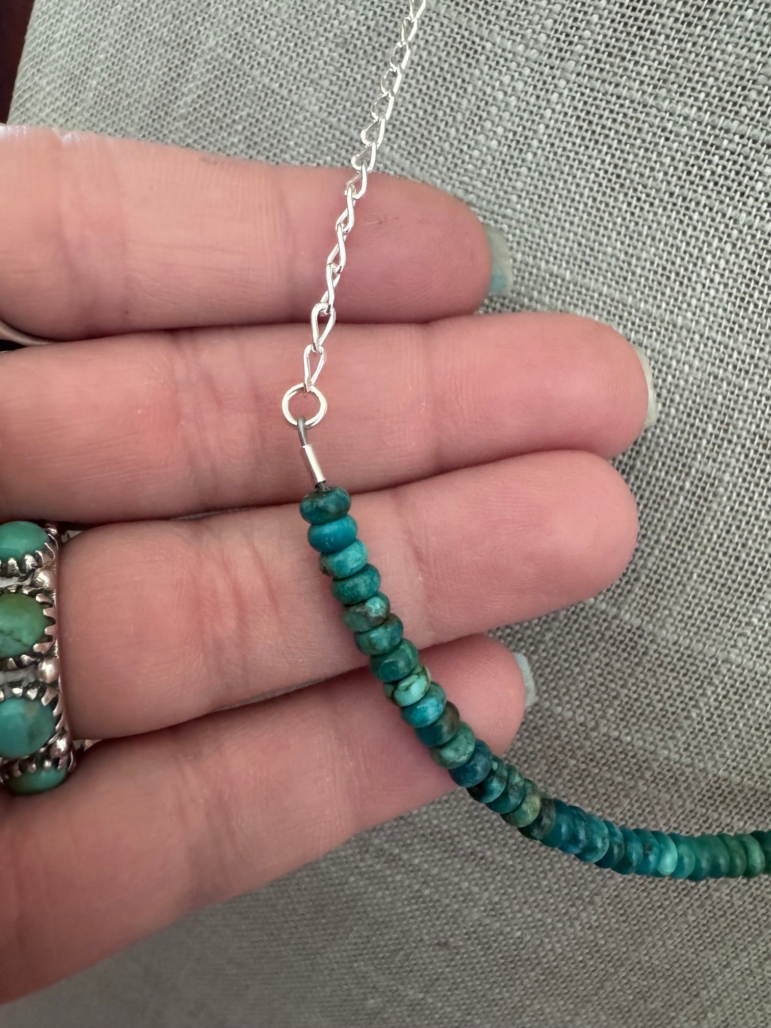 Handmade Sterling Silver & Hubei Turquoise Beaded Chain Necklace 22" by Roaming Buffalo