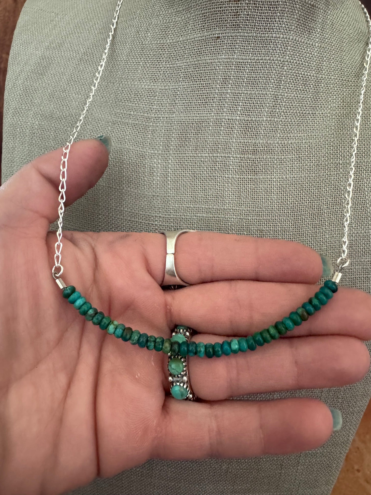 Handmade Sterling Silver & Hubei Turquoise Beaded Chain Necklace 22" by Roaming Buffalo