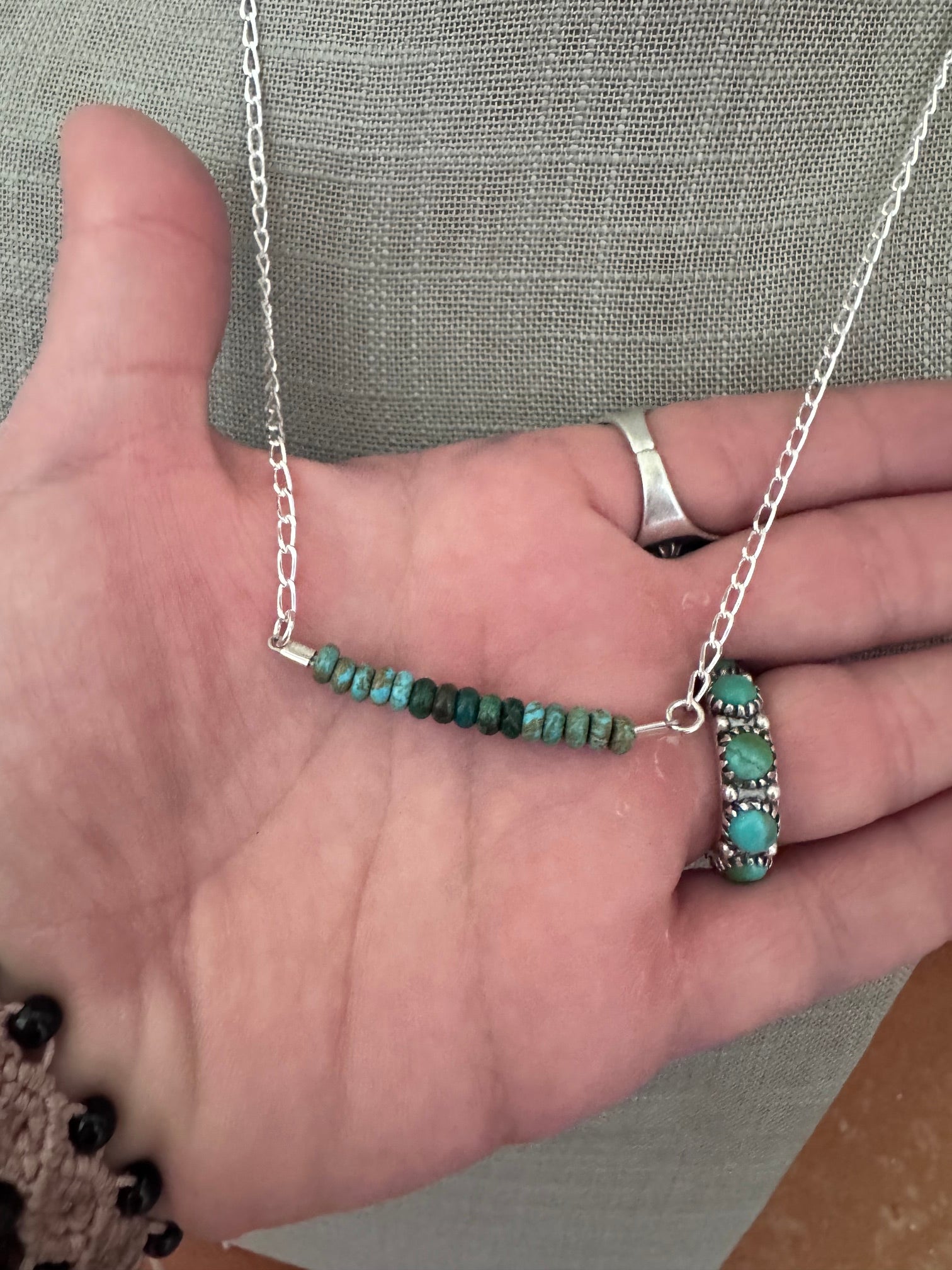 Handmade Sterling Silver & Hubei, Lone Mountain Turquoise Beaded Chain Necklace 20" by Roaming Buffalo