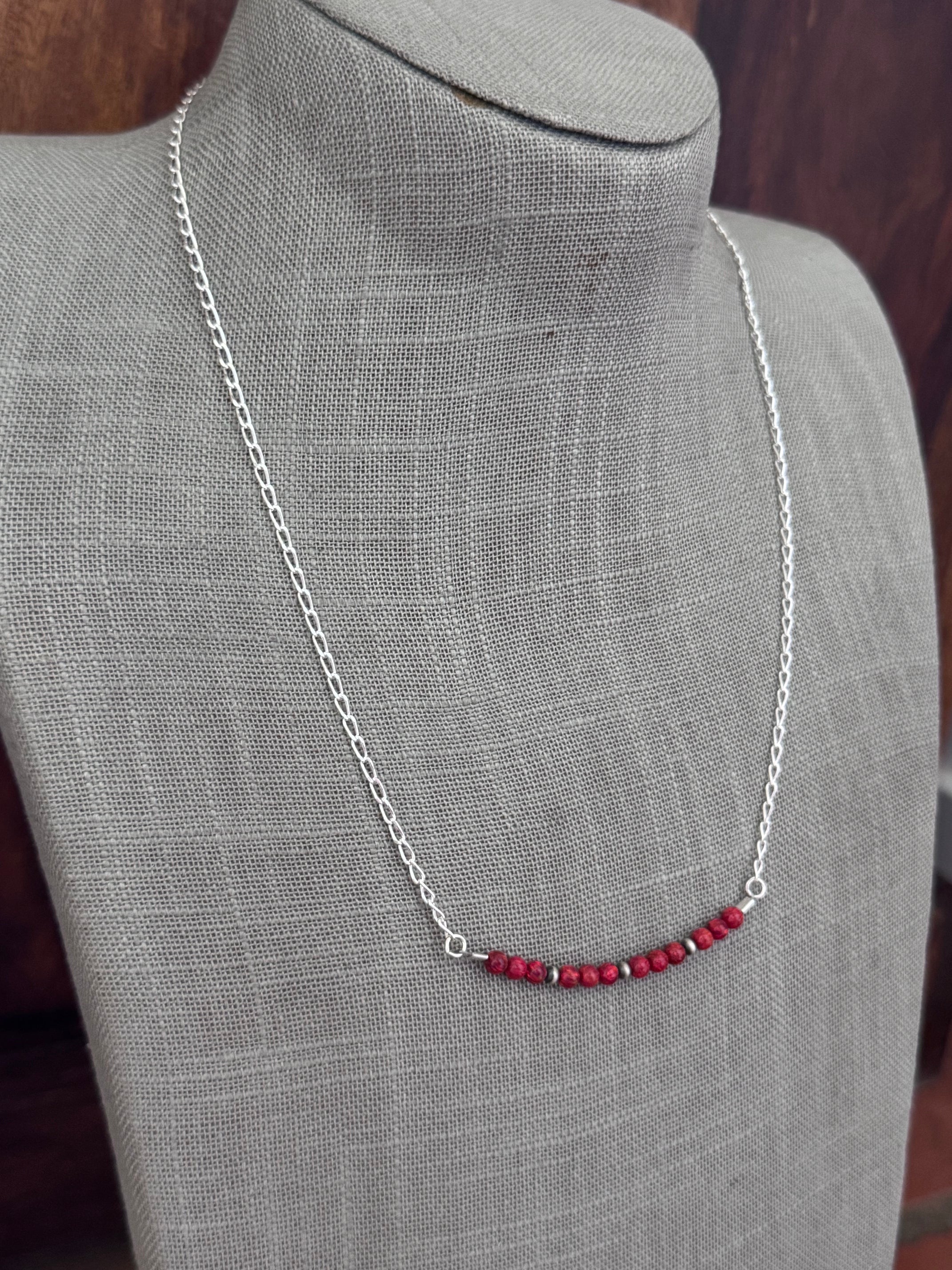 Handmade Sterling Silver Red Opal & Pearl Beaded Chain Necklace 20.75" by Roaming Buffalo