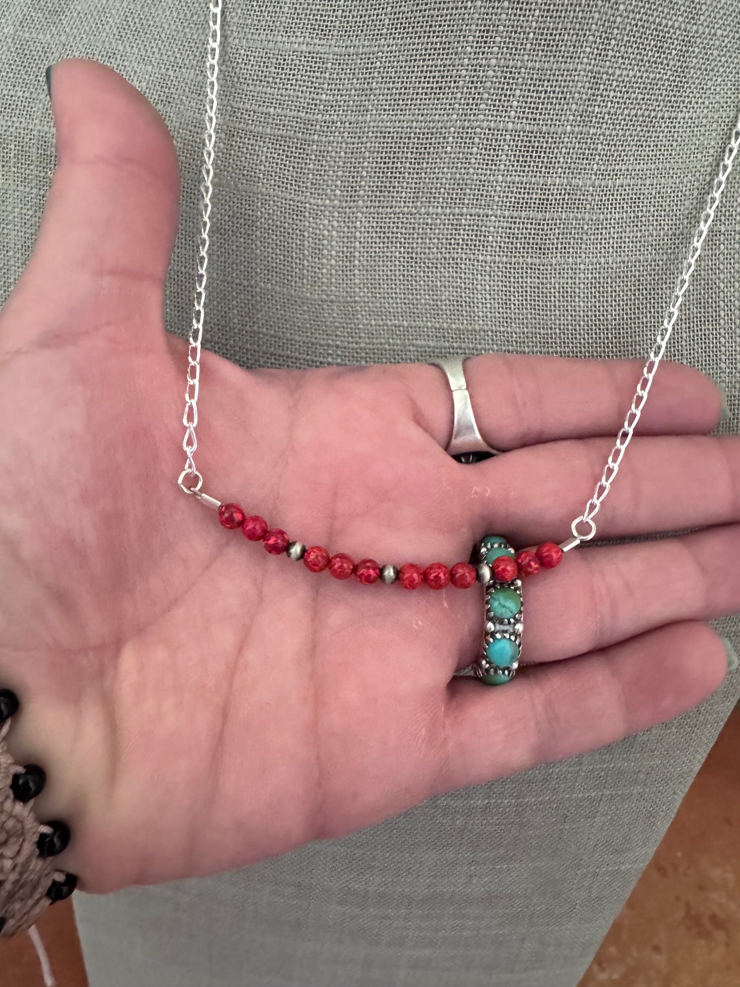 Handmade Sterling Silver Red Opal & Pearl Beaded Chain Necklace 20.75" by Roaming Buffalo