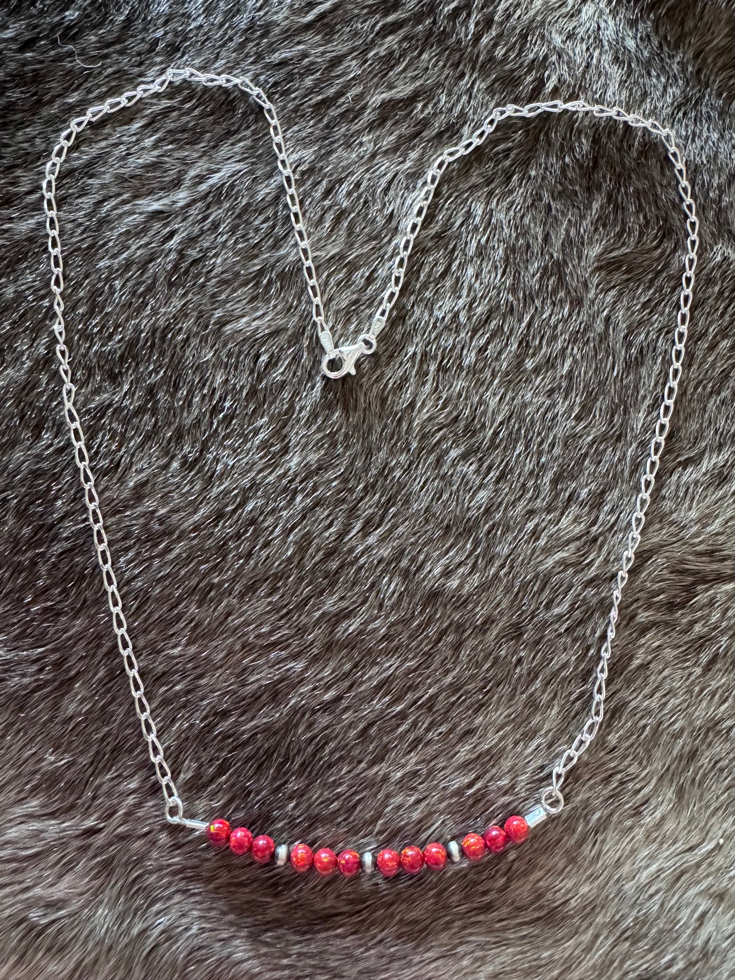 Handmade Sterling Silver Red Opal & Pearl Beaded Chain Necklace 20.75" by Roaming Buffalo
