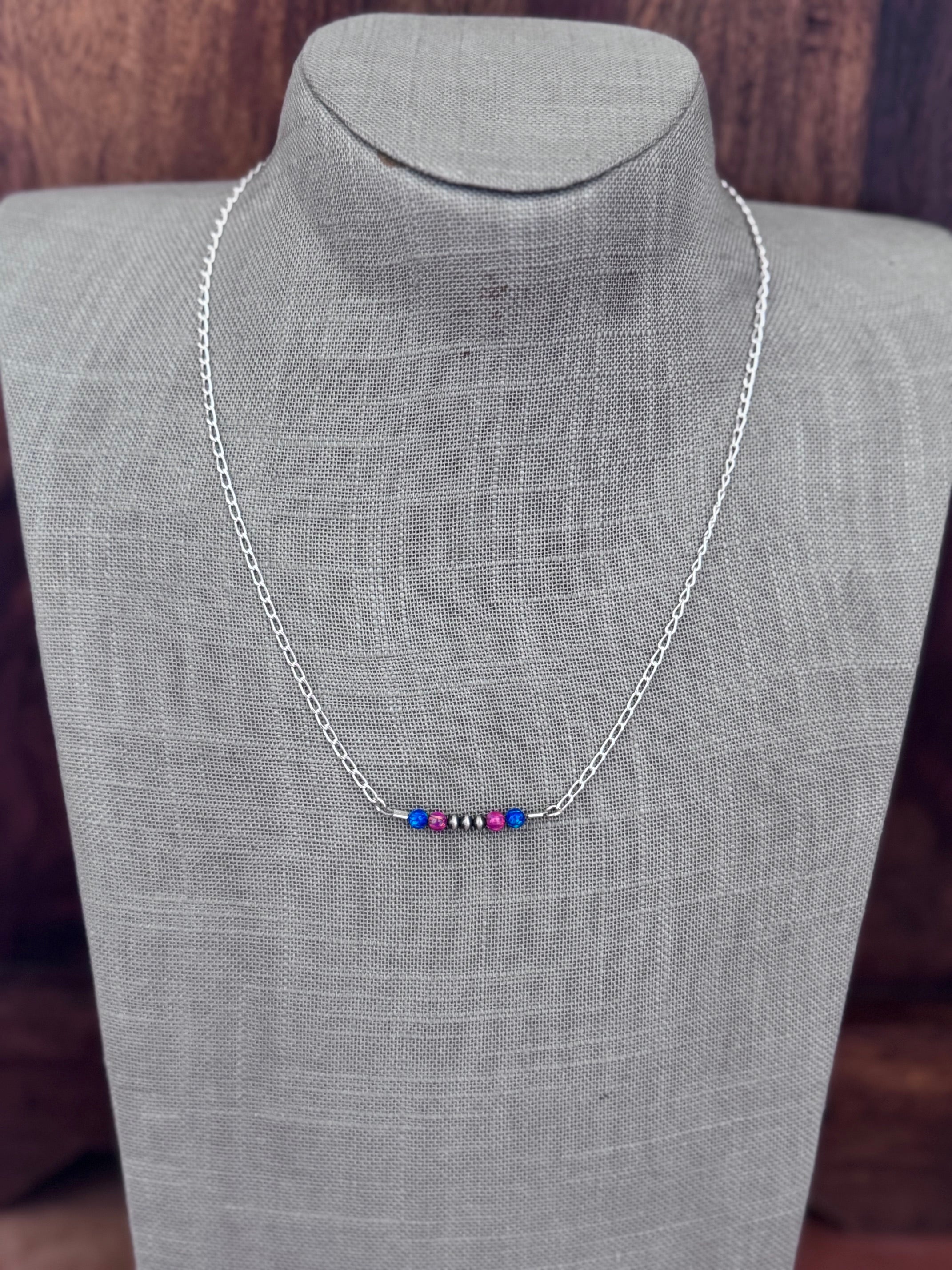 Handmade Sterling Silver Blue Opal, Pink Opal & Pearl Beaded Chain Necklace 19.5" by Roaming Buffalo