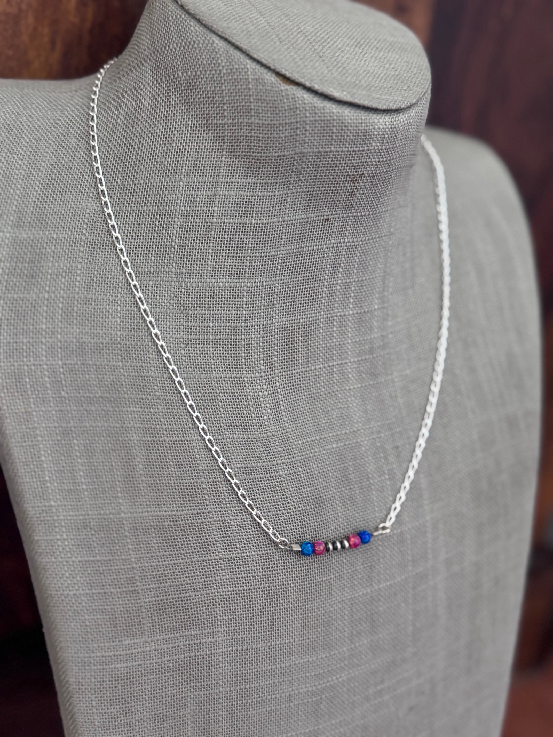 Handmade Sterling Silver Blue Opal, Pink Opal & Pearl Beaded Chain Necklace 19.5" by Roaming Buffalo