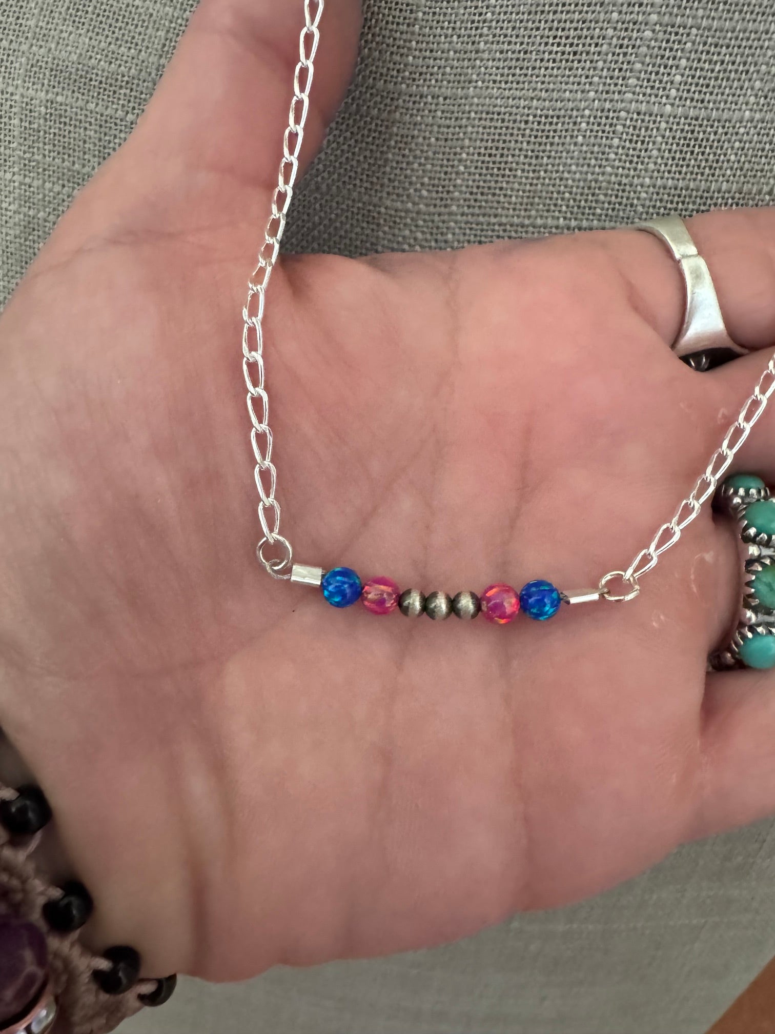 Handmade Sterling Silver Blue Opal, Pink Opal & Pearl Beaded Chain Necklace 19.5" by Roaming Buffalo