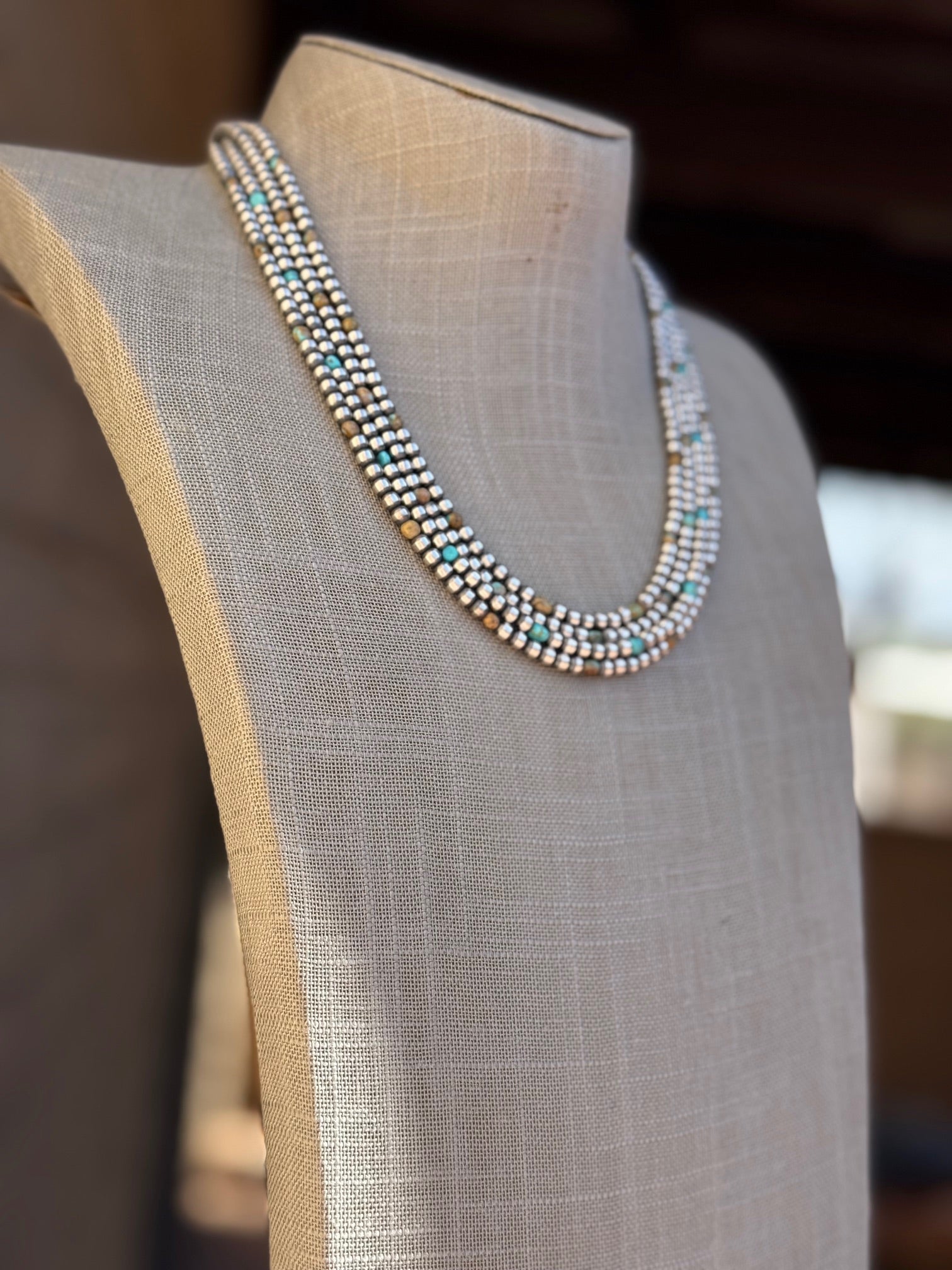 Handcrafted Kingman Turquoise & Sterling Silver 4mm Beaded Necklace 20"