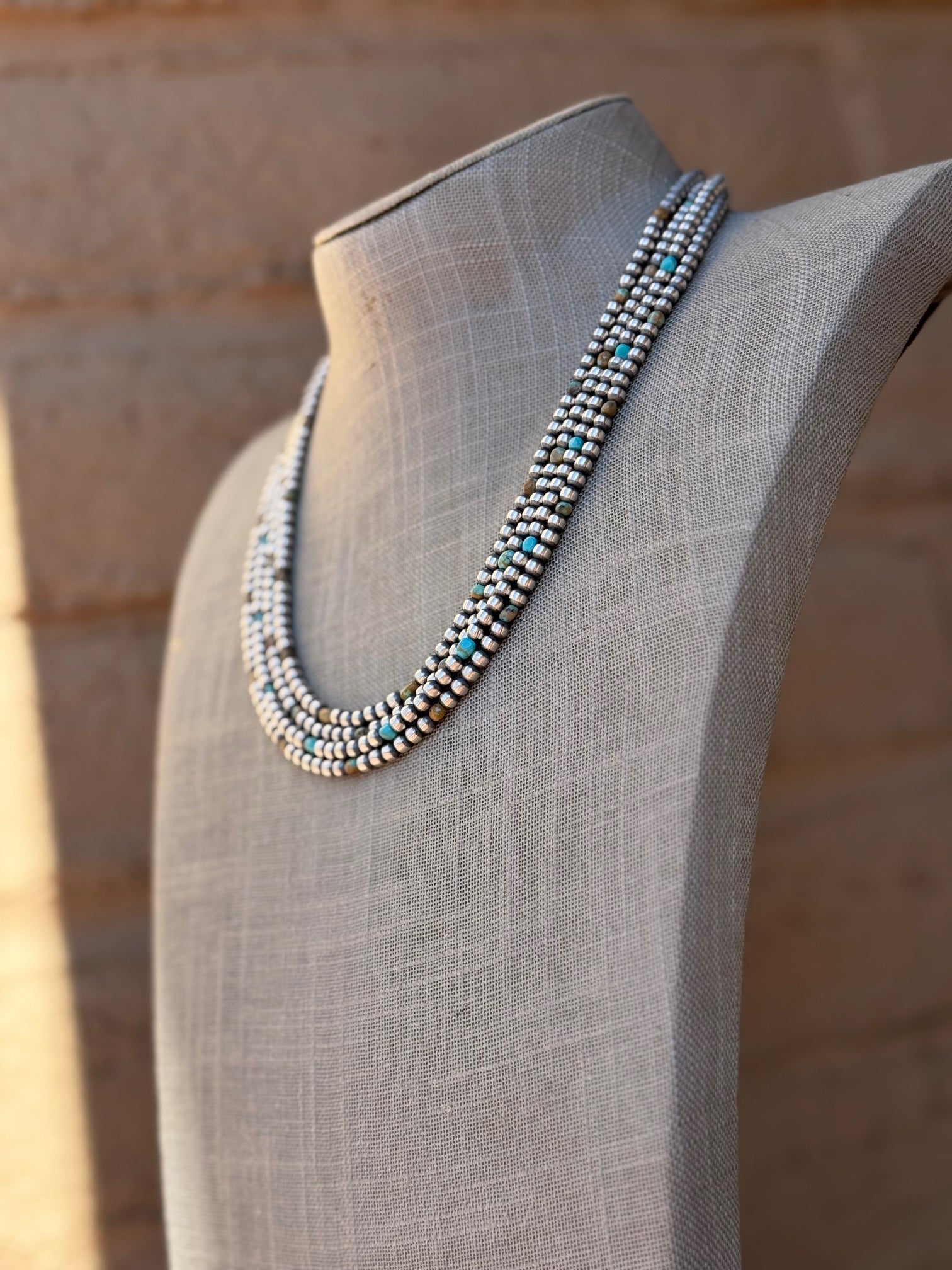 Handcrafted Kingman Turquoise & Sterling Silver 4mm Beaded Necklace 20"