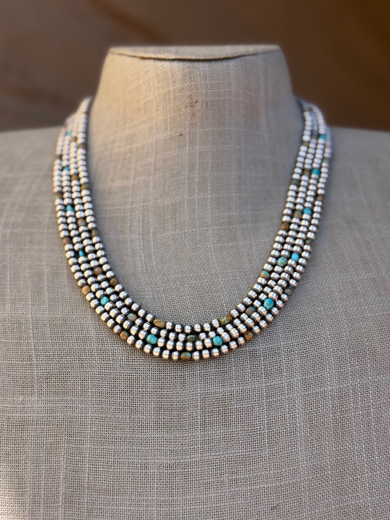 Handcrafted Kingman Turquoise & Sterling Silver 4mm Beaded Necklace 20"