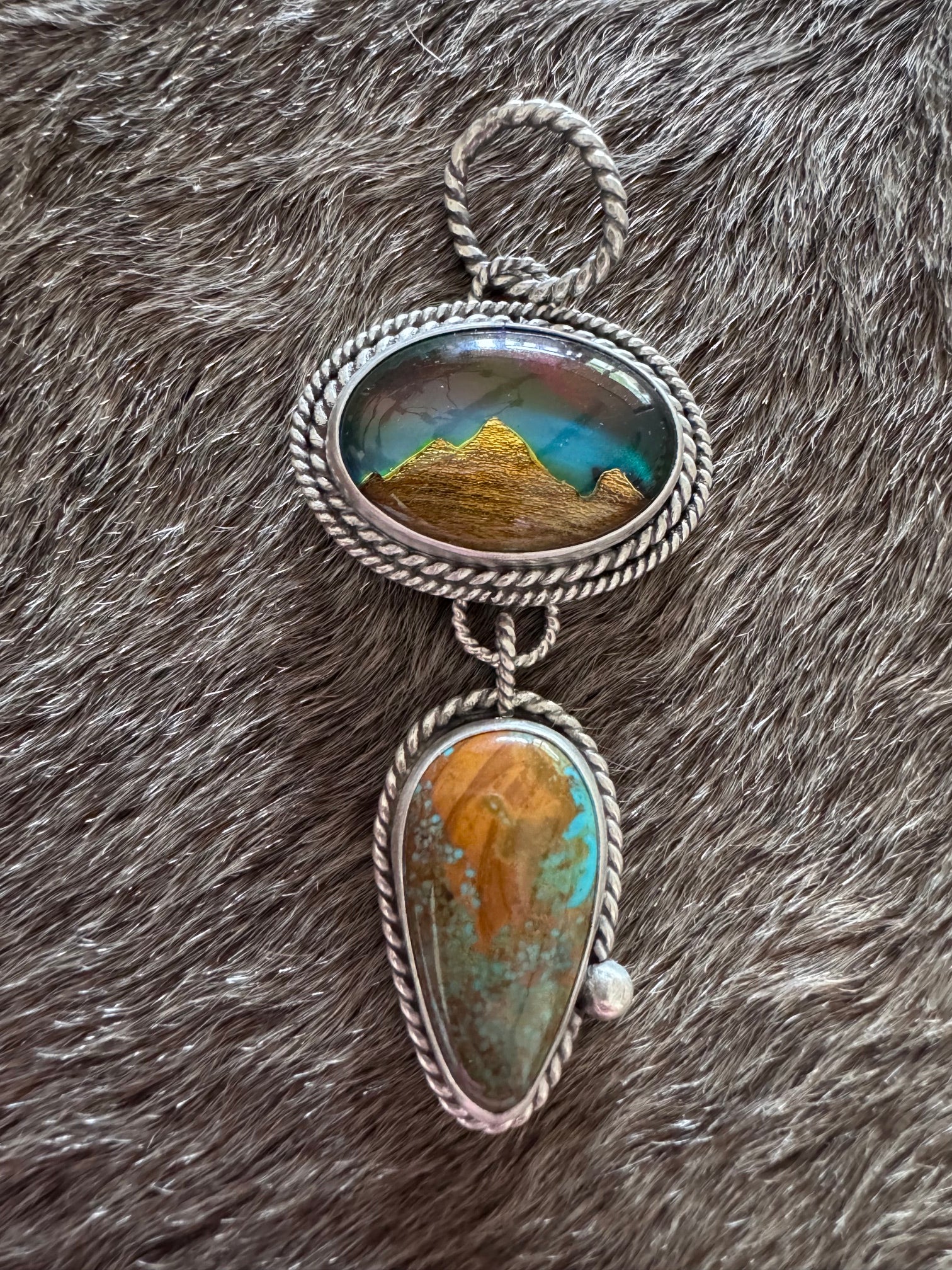 Handmade Sterling Silver Royston & Aurora Opal Inlay Pendant by Roaming Buffalo