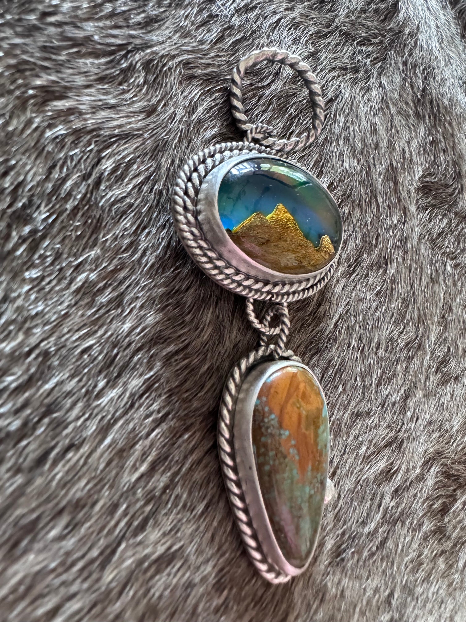Handmade Sterling Silver Royston & Aurora Opal Inlay Pendant by Roaming Buffalo