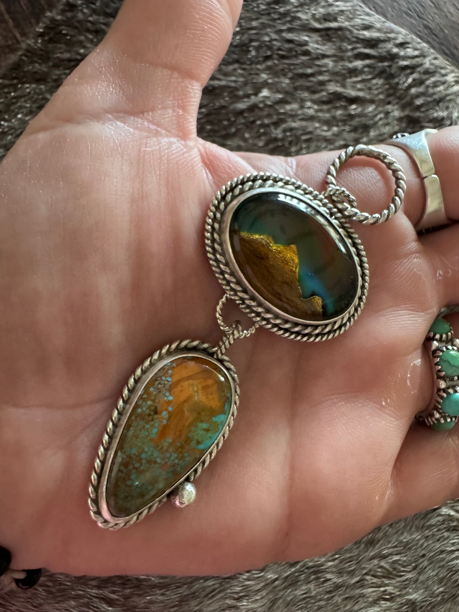 Handmade Sterling Silver Royston & Aurora Opal Inlay Pendant by Roaming Buffalo