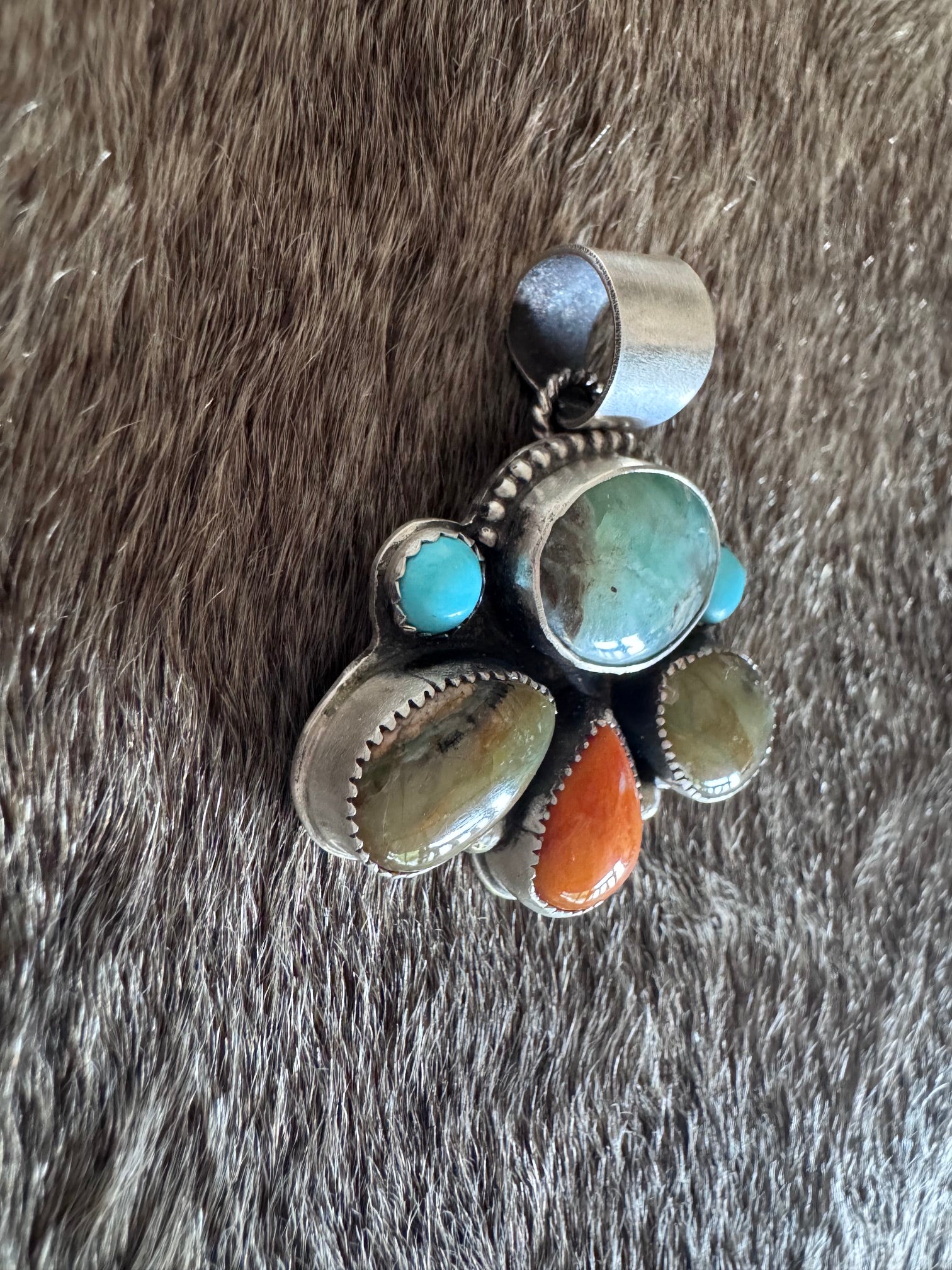 Handmade Sterling Silver Blue Peruvian Opal, Spiney, Kingman Turquoise Pendant by Roaming Buffalo