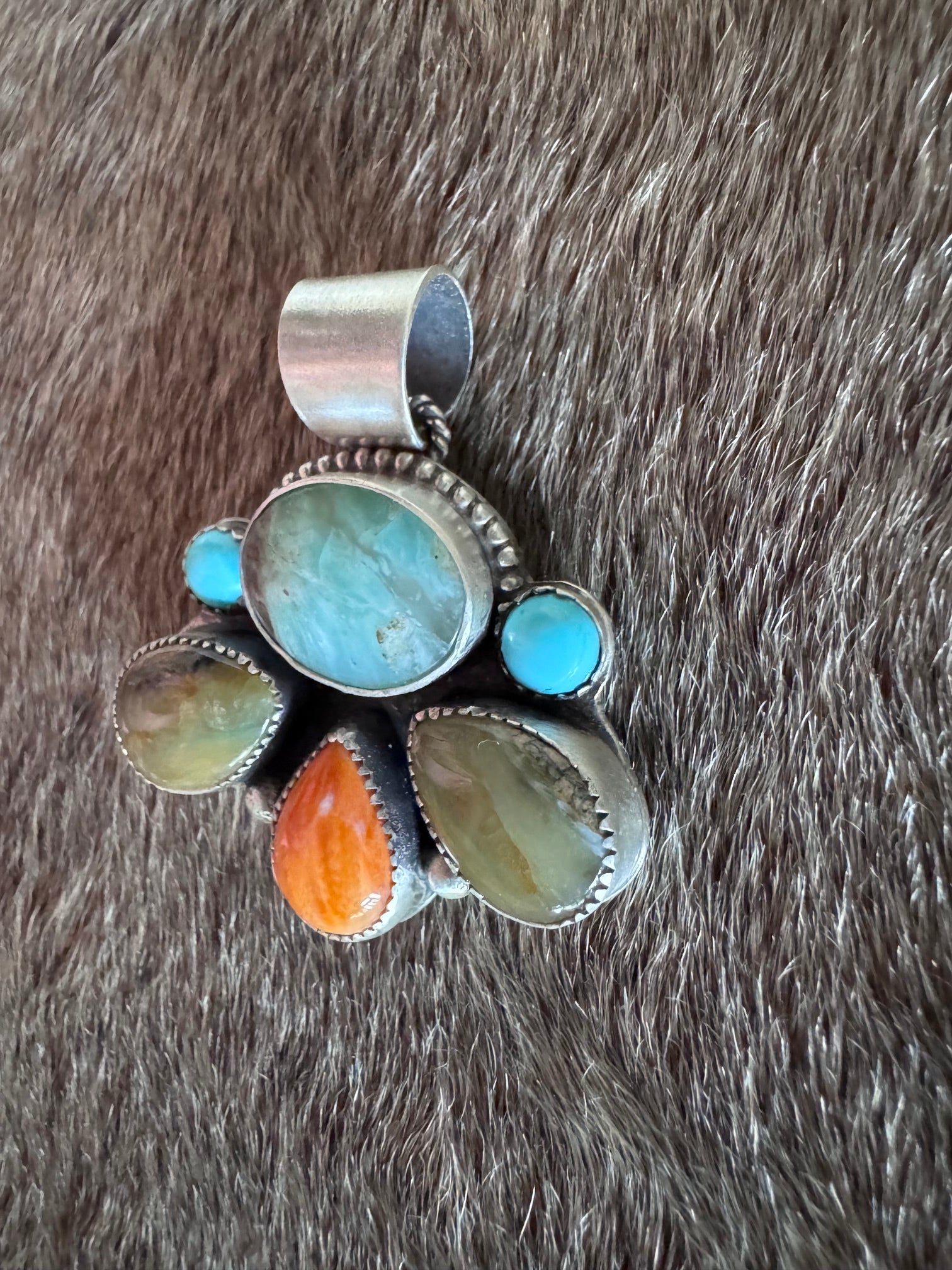 Handmade Sterling Silver Blue Peruvian Opal, Spiney, Kingman Turquoise Pendant by Roaming Buffalo