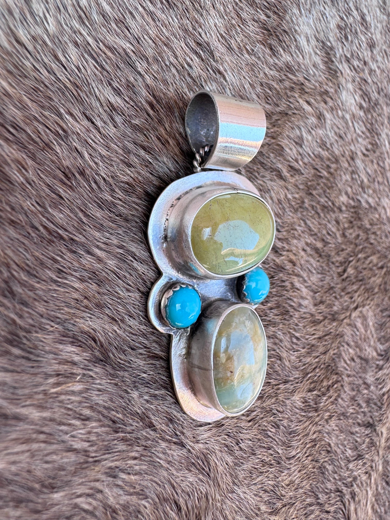 Handmade Sterling Silver Blue Peruvian Opal & Kingman Pendant by Roaming Buffalo