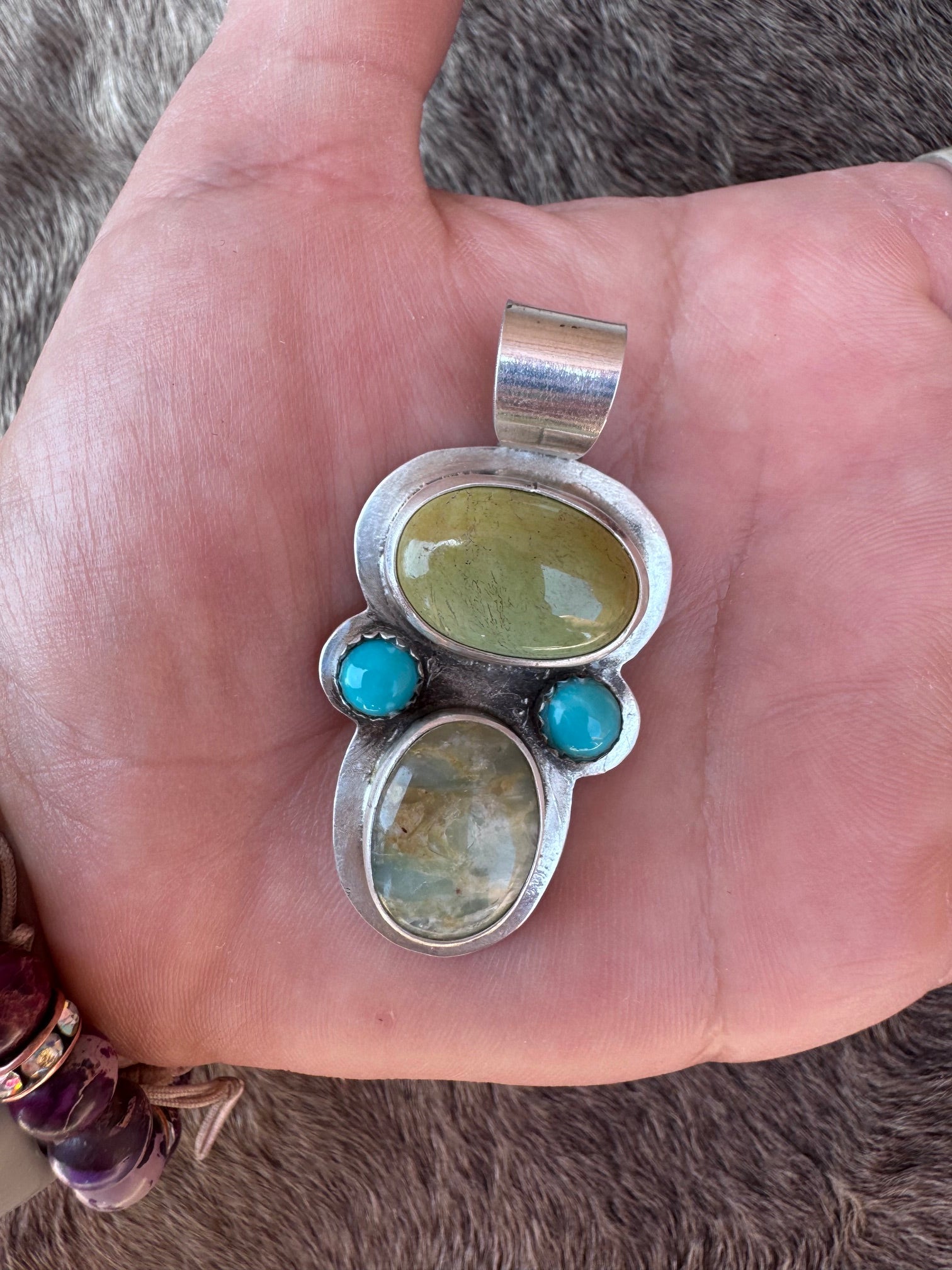Handmade Sterling Silver Blue Peruvian Opal & Kingman Pendant by Roaming Buffalo
