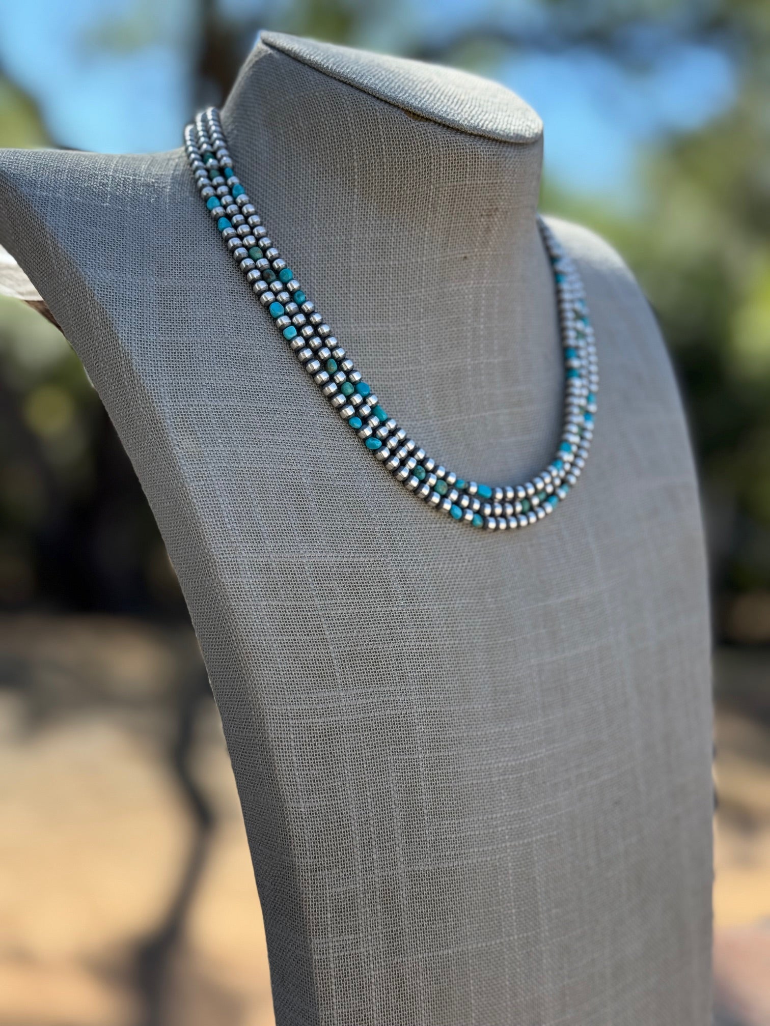 Handcrafted Kingman Turquoise & Sterling Silver 4mm Beaded Necklace 18"