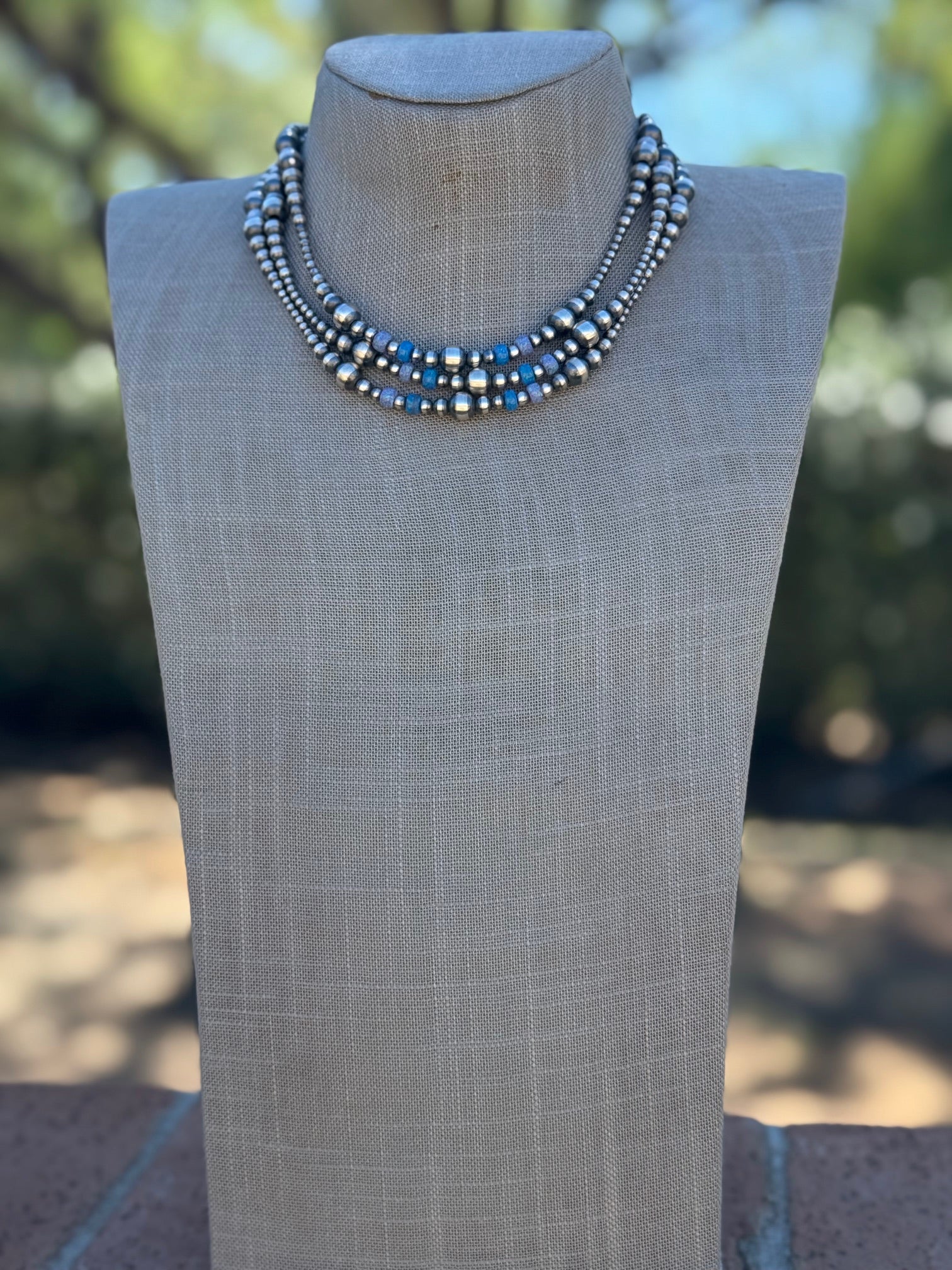 Handcrafted Blue Opal & Sterling Silver Beaded 3-8mm Necklace 16"