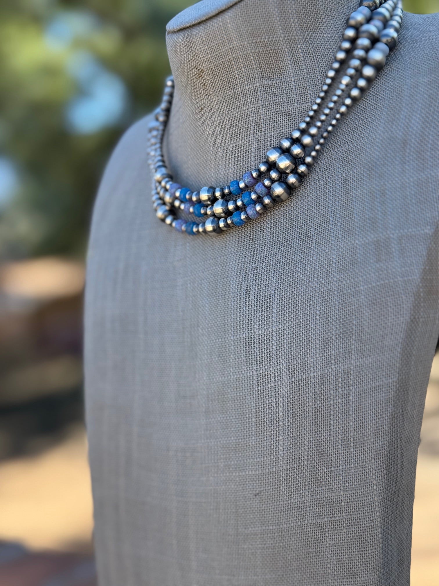 Handcrafted Blue Opal & Sterling Silver Beaded 3-8mm Necklace 16"