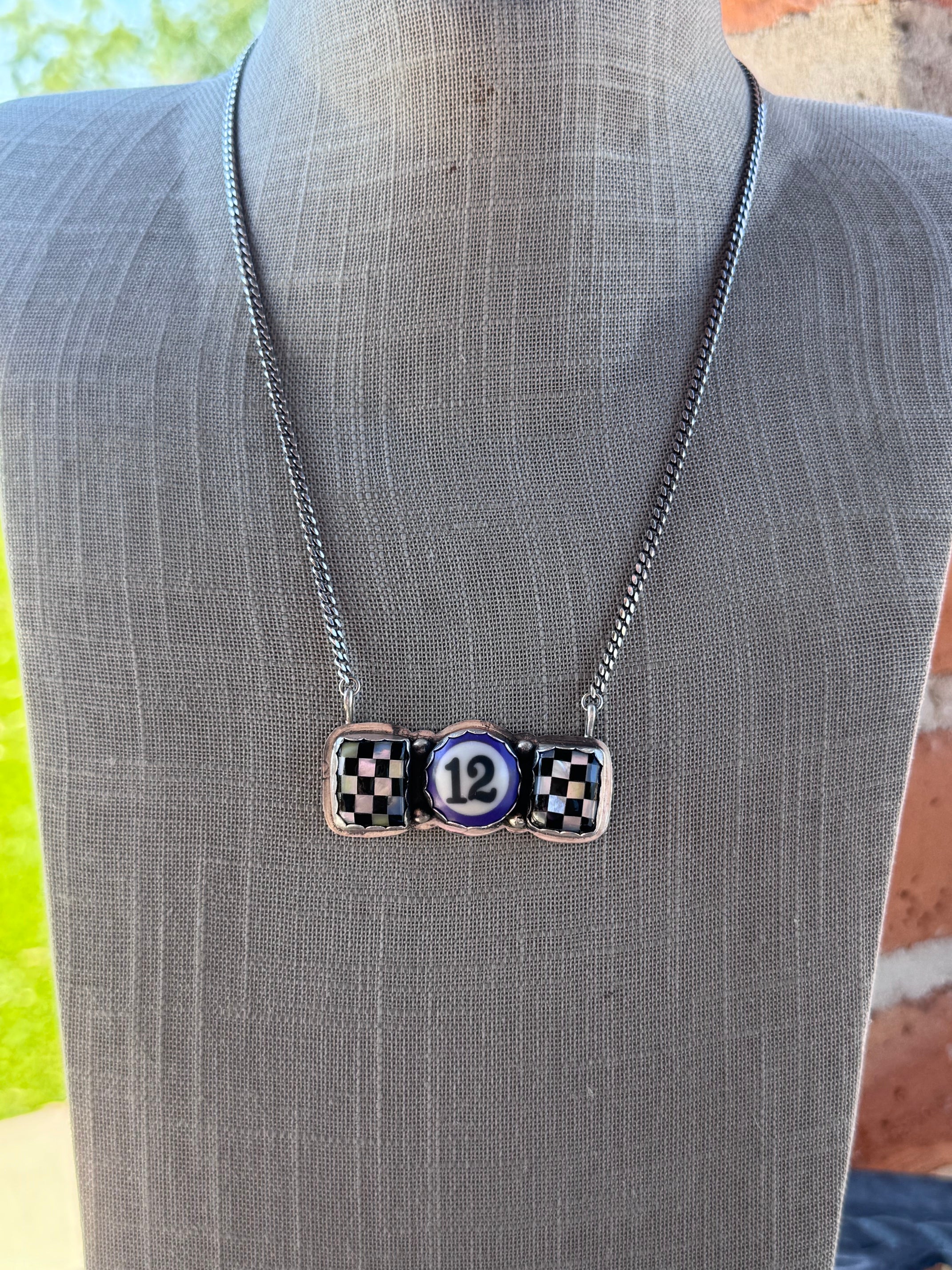 Handmade Sterling Silver Checkered Billiard Ball Bar 19.5" Necklace by Roaming Buffalo