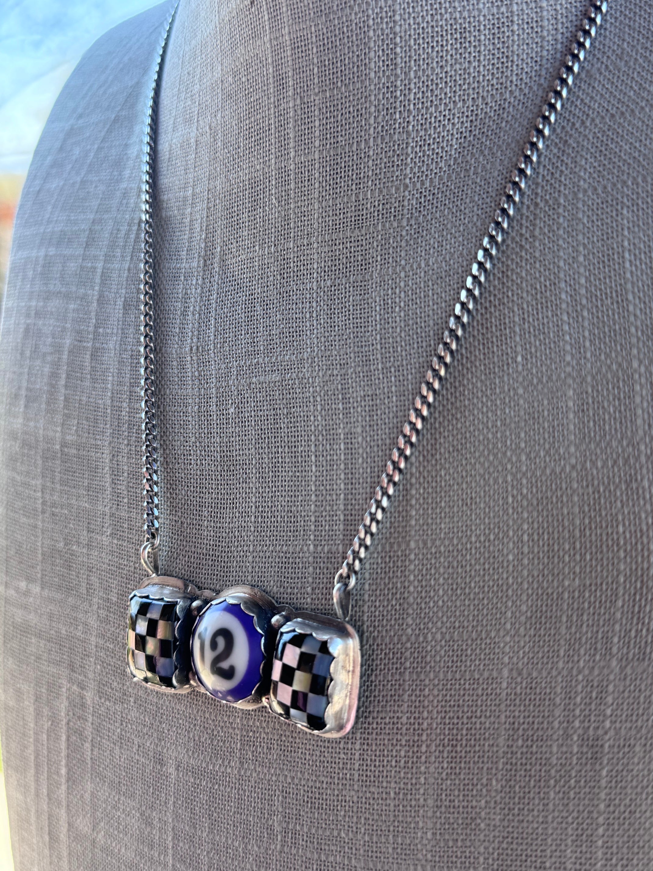 Handmade Sterling Silver Checkered Billiard Ball Bar 19.5" Necklace by Roaming Buffalo