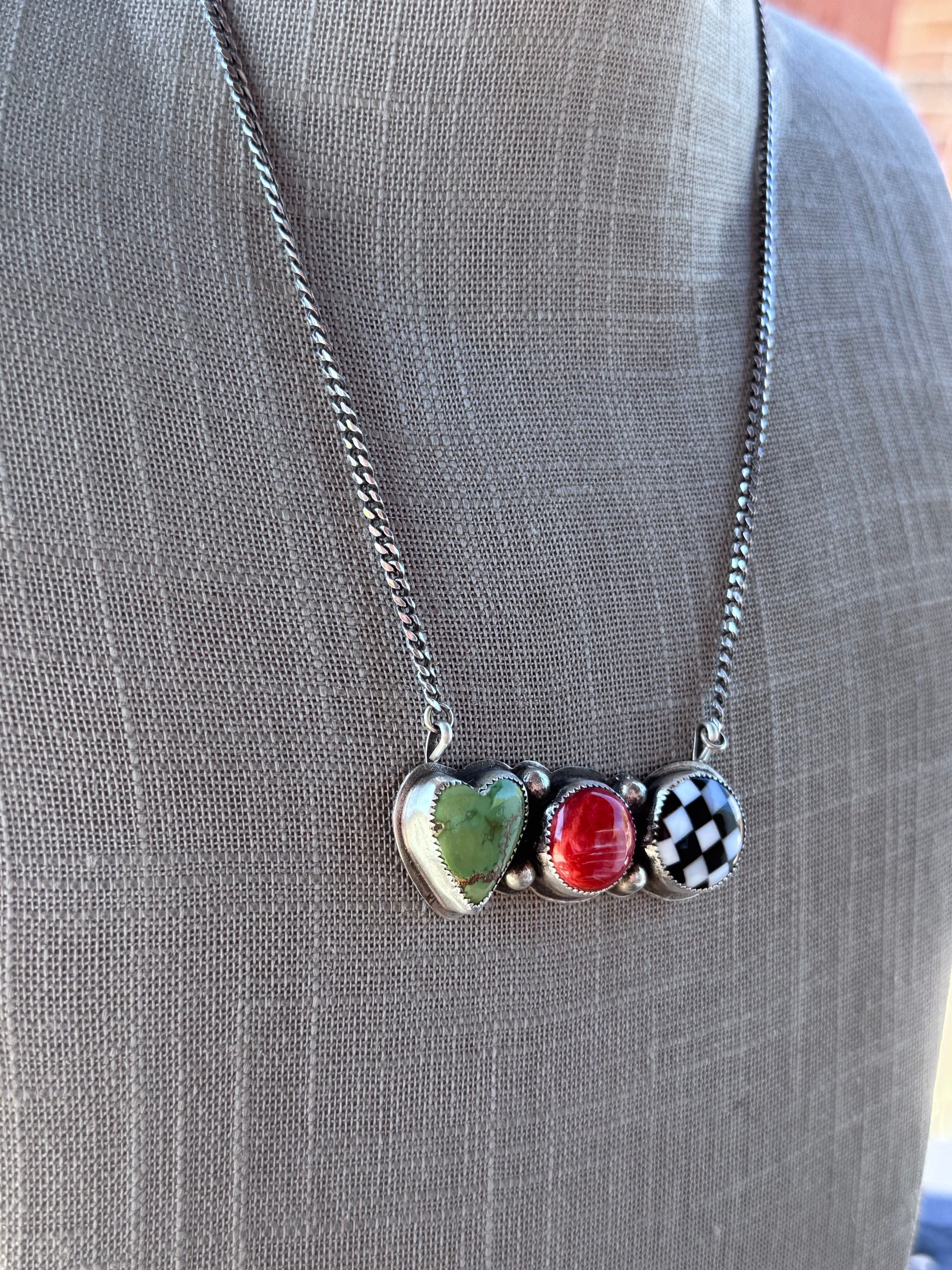 Handmade Sterling Silver Checker, Sonoran Gold, & Spiny 20" Bar Necklace by Roaming Buffalo
