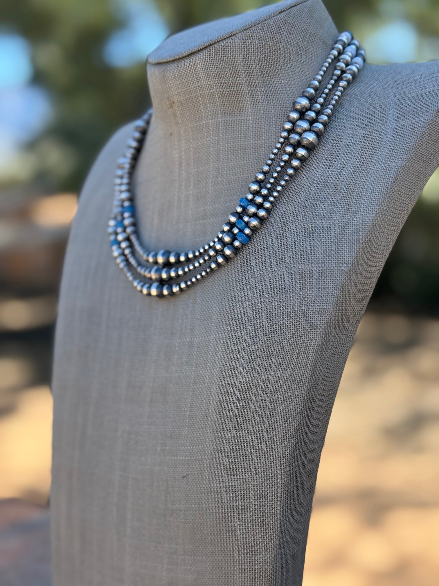 Handcrafted Blue Opal & Sterling Silver Beaded 3-6mm Necklace 18”