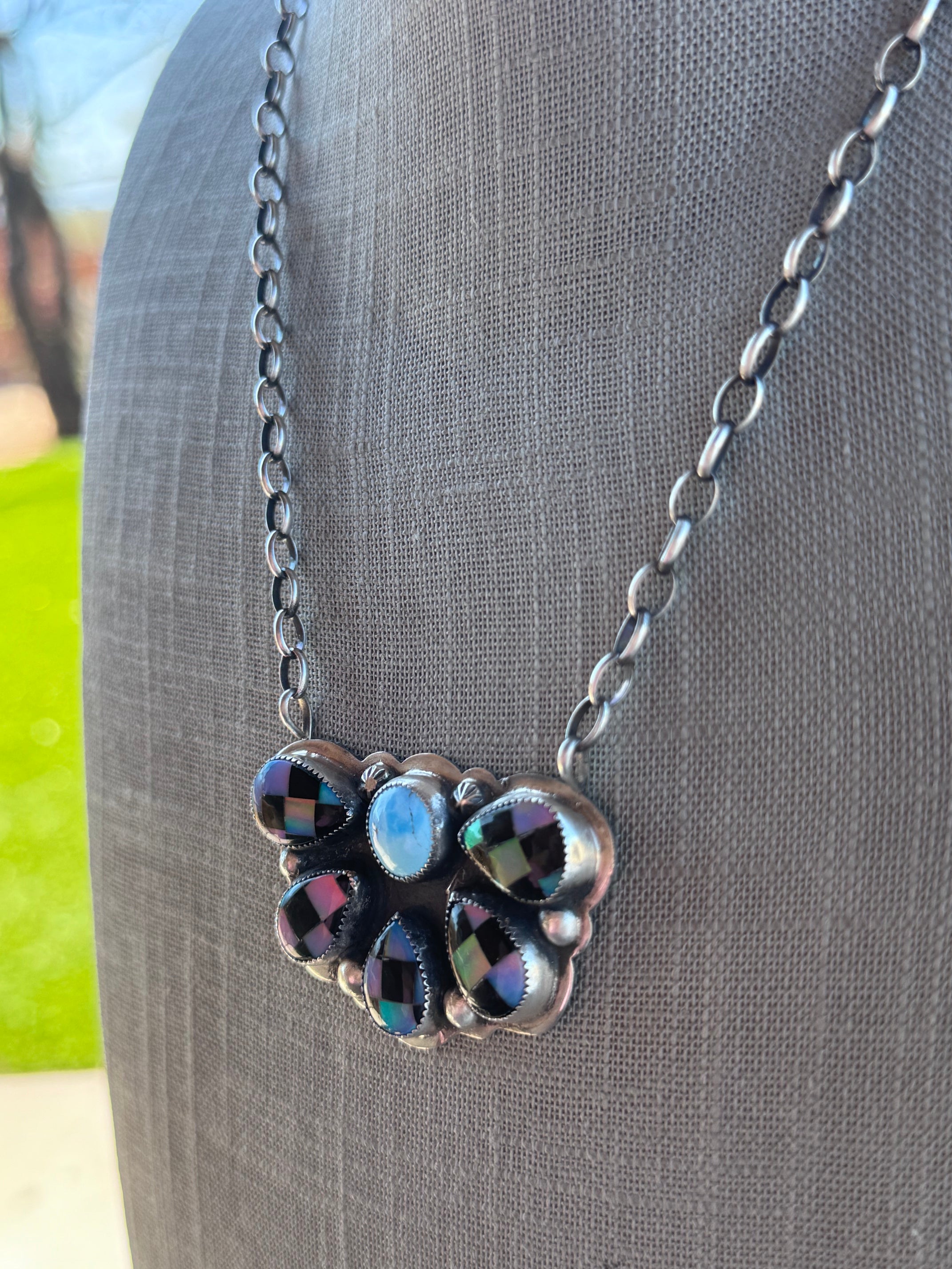 Handmade Sterling Silver Golden Hills & Aurora Opal Checkered Cluster 19.5" Necklace by Roaming Buffalo