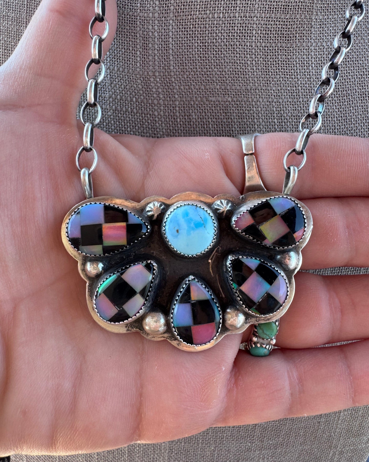 Handmade Sterling Silver Golden Hills & Aurora Opal Checkered Cluster 19.5" Necklace by Roaming Buffalo