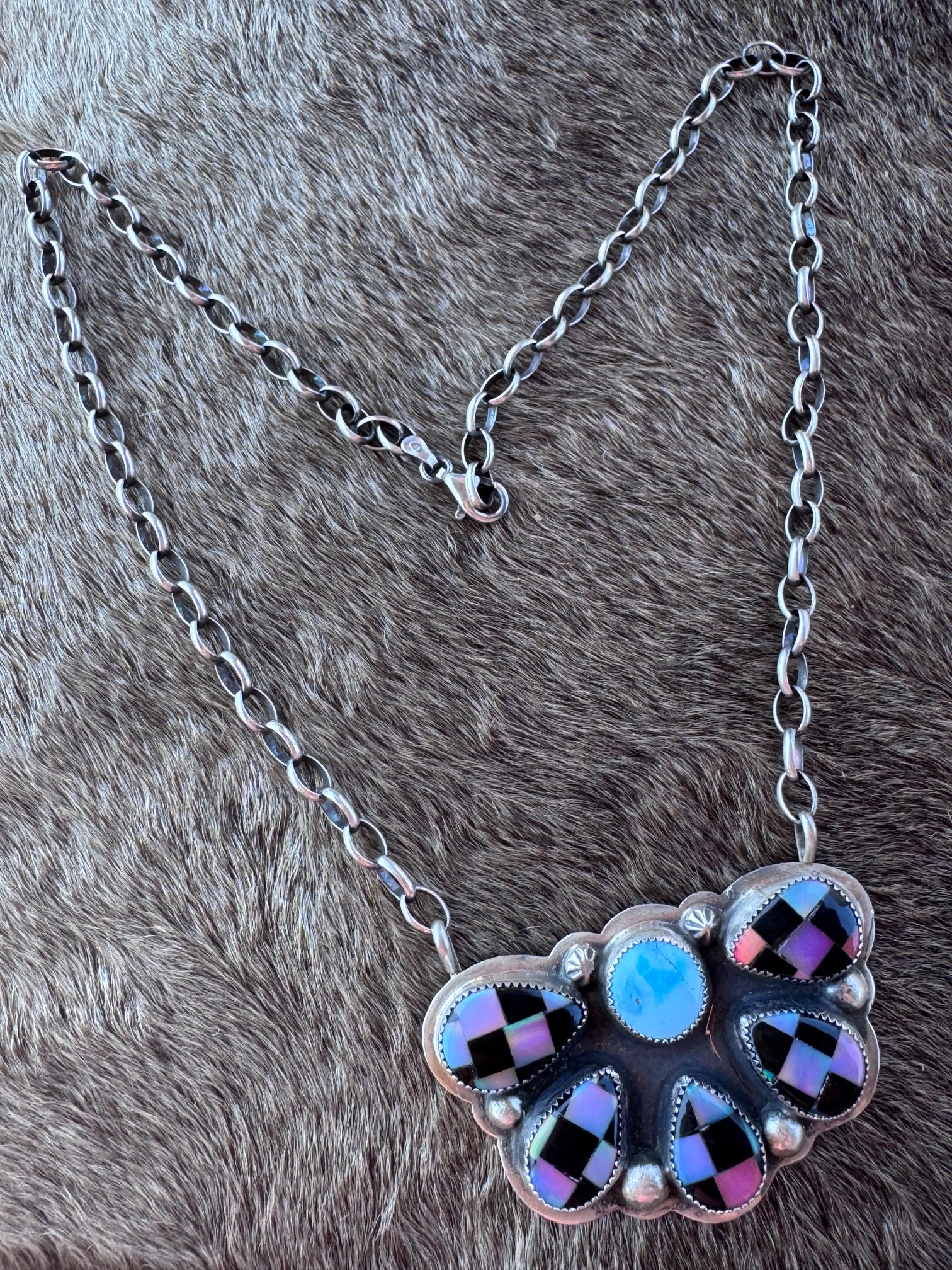 Handmade Sterling Silver Golden Hills & Aurora Opal Checkered Cluster 19.5" Necklace by Roaming Buffalo