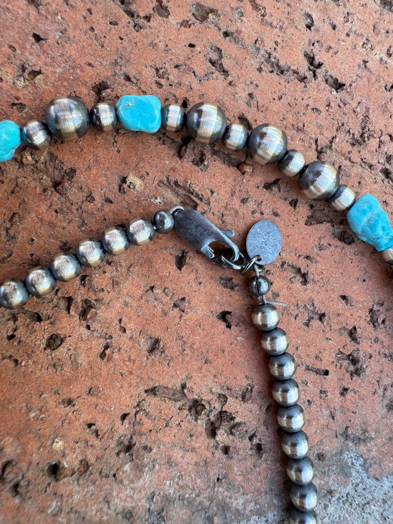 Handcrafted Kingman Turquoise & Sterling Silver 4-6mm Beaded Necklace 36"