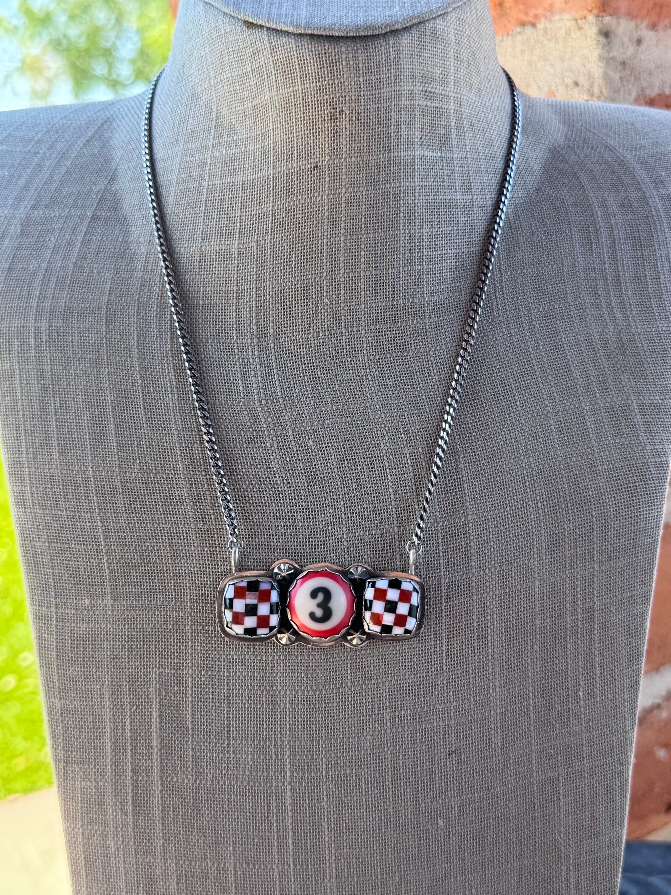 Handmade Sterling Silver Red/Black Checkered Billiard Ball 20" Necklace by Roaming Buffalo
