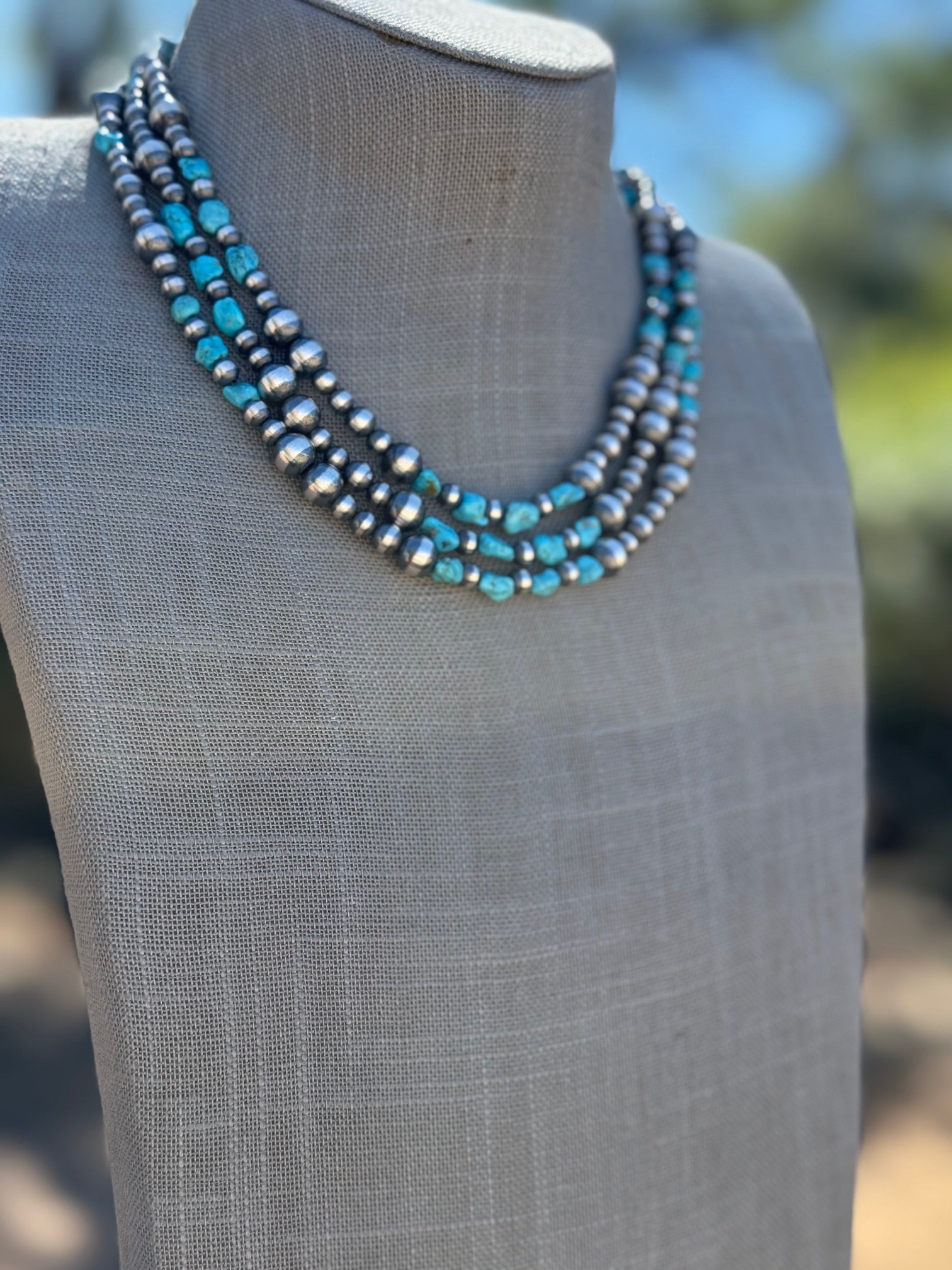 Handcrafted Kingman Turquoise & Sterling Silver 5-8mm Beaded Necklace 18"