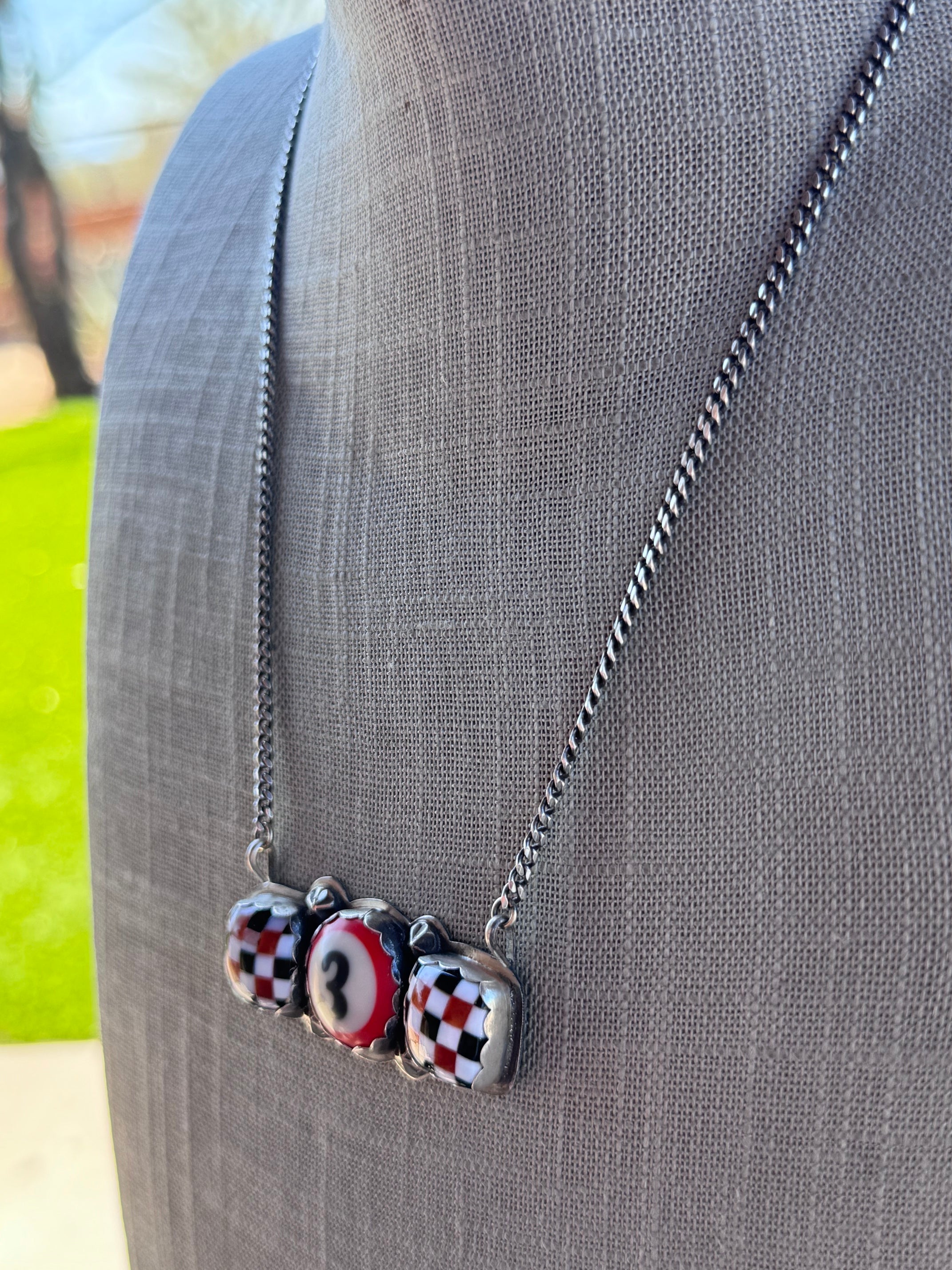 Handmade Sterling Silver Red/Black Checkered Billiard Ball 20" Necklace by Roaming Buffalo