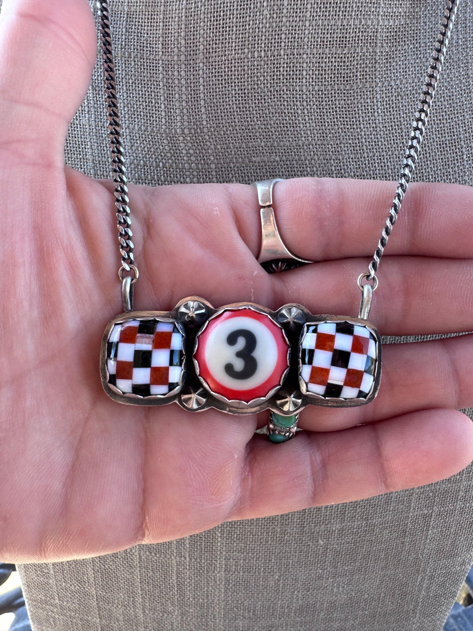 Handmade Sterling Silver Red/Black Checkered Billiard Ball 20" Necklace by Roaming Buffalo