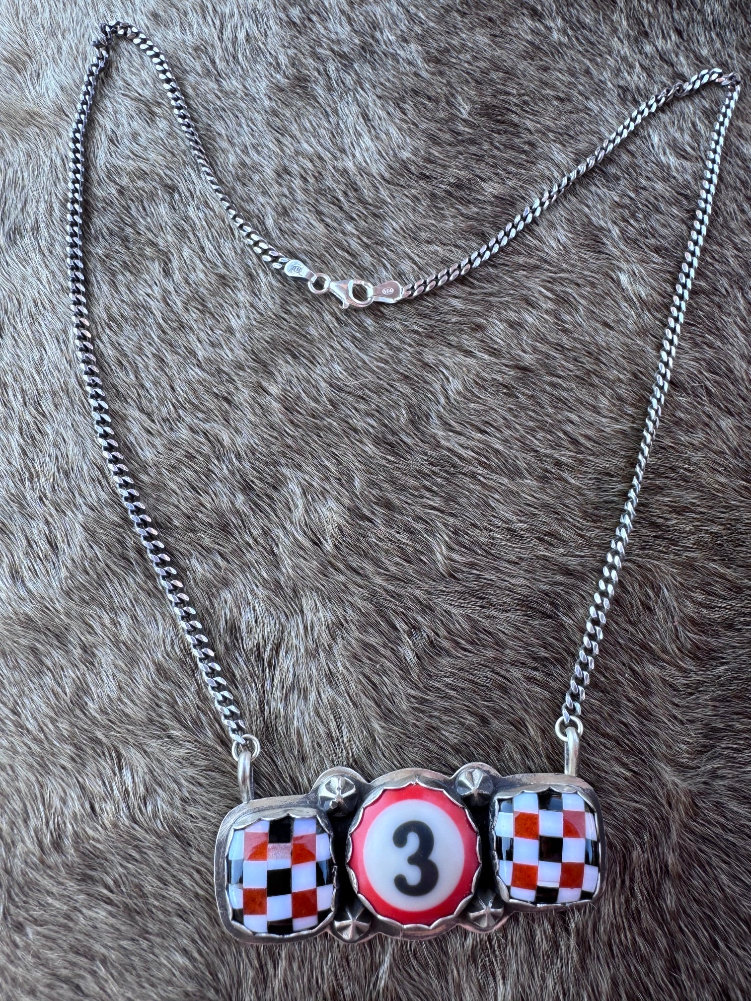 Handmade Sterling Silver Red/Black Checkered Billiard Ball 20" Necklace by Roaming Buffalo