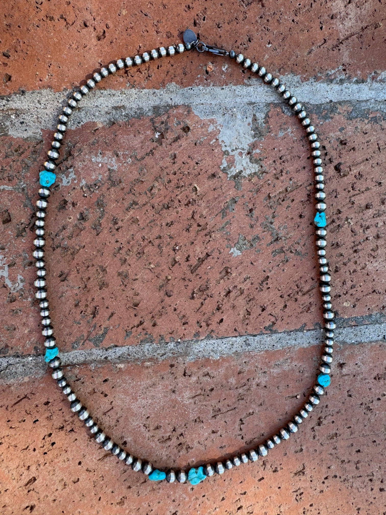 Handcrafted Kingman Turquoise & Sterling Silver 4-6mm Beaded Necklace 20"