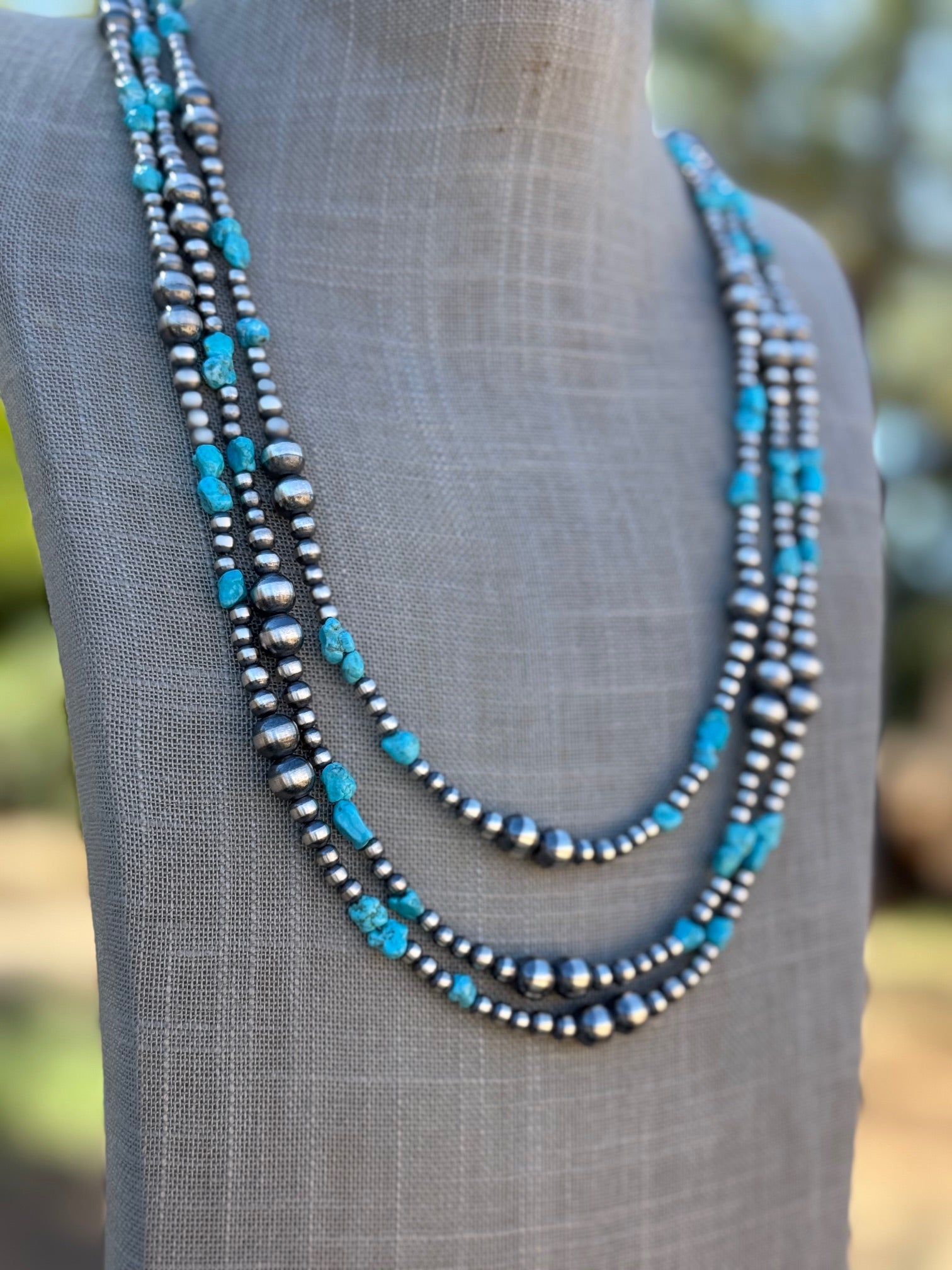 Handcrafted Kingman Turquoise & Sterling Silver 4-8mm Beaded Necklace 30"