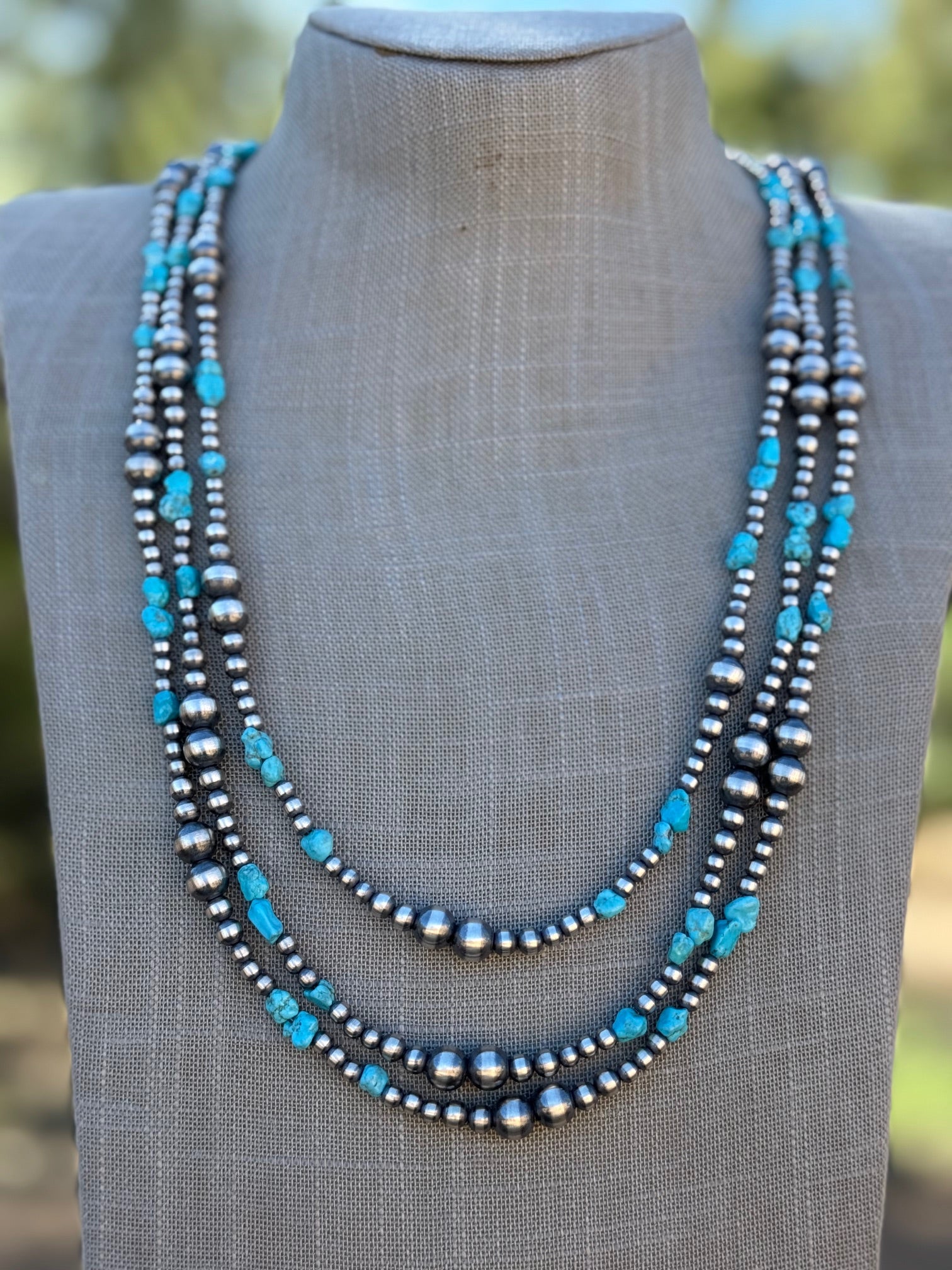Handcrafted Kingman Turquoise & Sterling Silver 4-8mm Beaded Necklace 30"