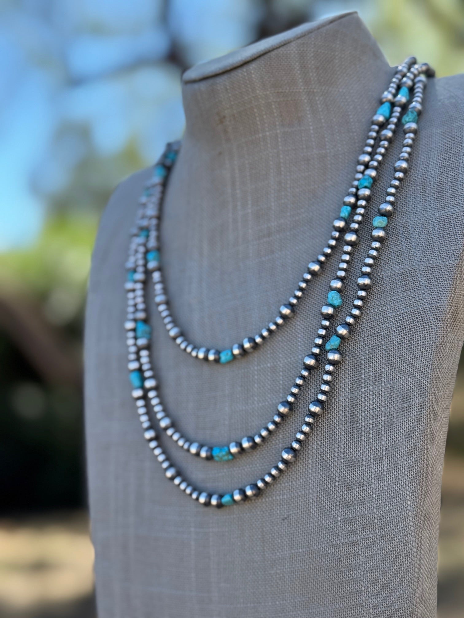 Handcrafted Kingman Turquoise & Sterling Silver 4-6mm Beaded Necklace 24"