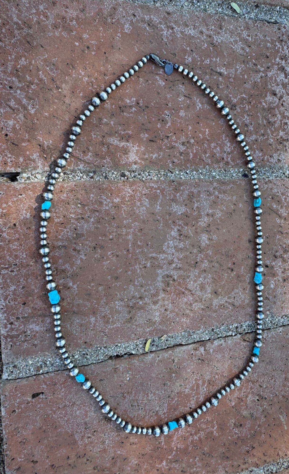 Handcrafted Kingman Turquoise & Sterling Silver 4-6mm Beaded Necklace 24"