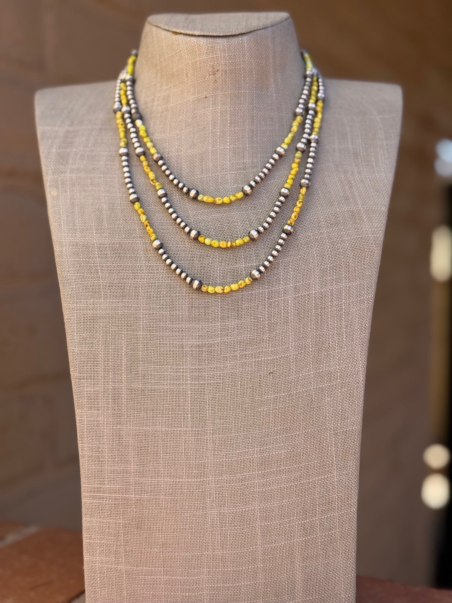 Handcrafted Sterling Silver and Palomino Turquoise Beaded 4mm & 6mm Necklace