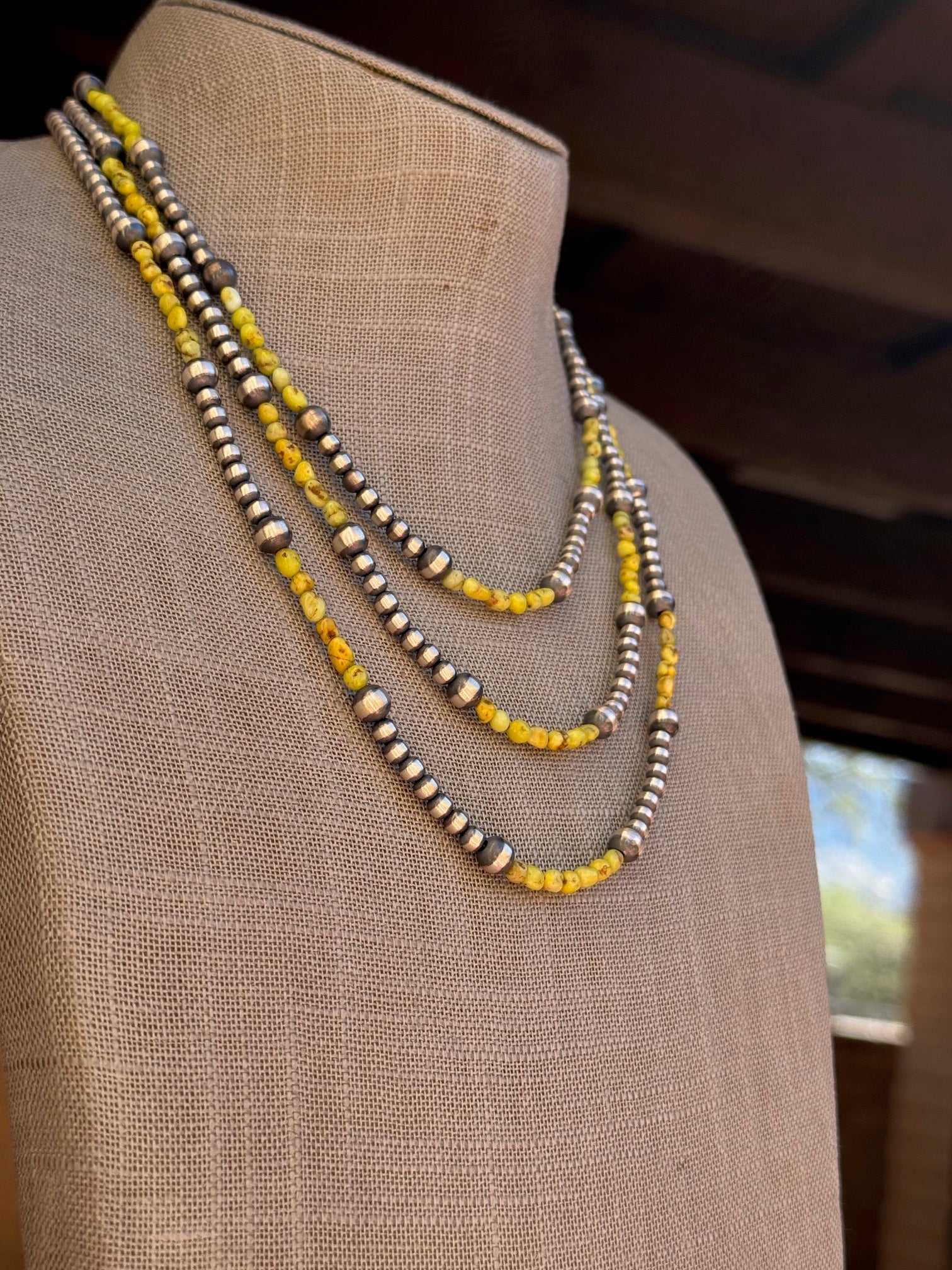 Handcrafted Sterling Silver and Palomino Turquoise Beaded 4mm & 6mm Necklace