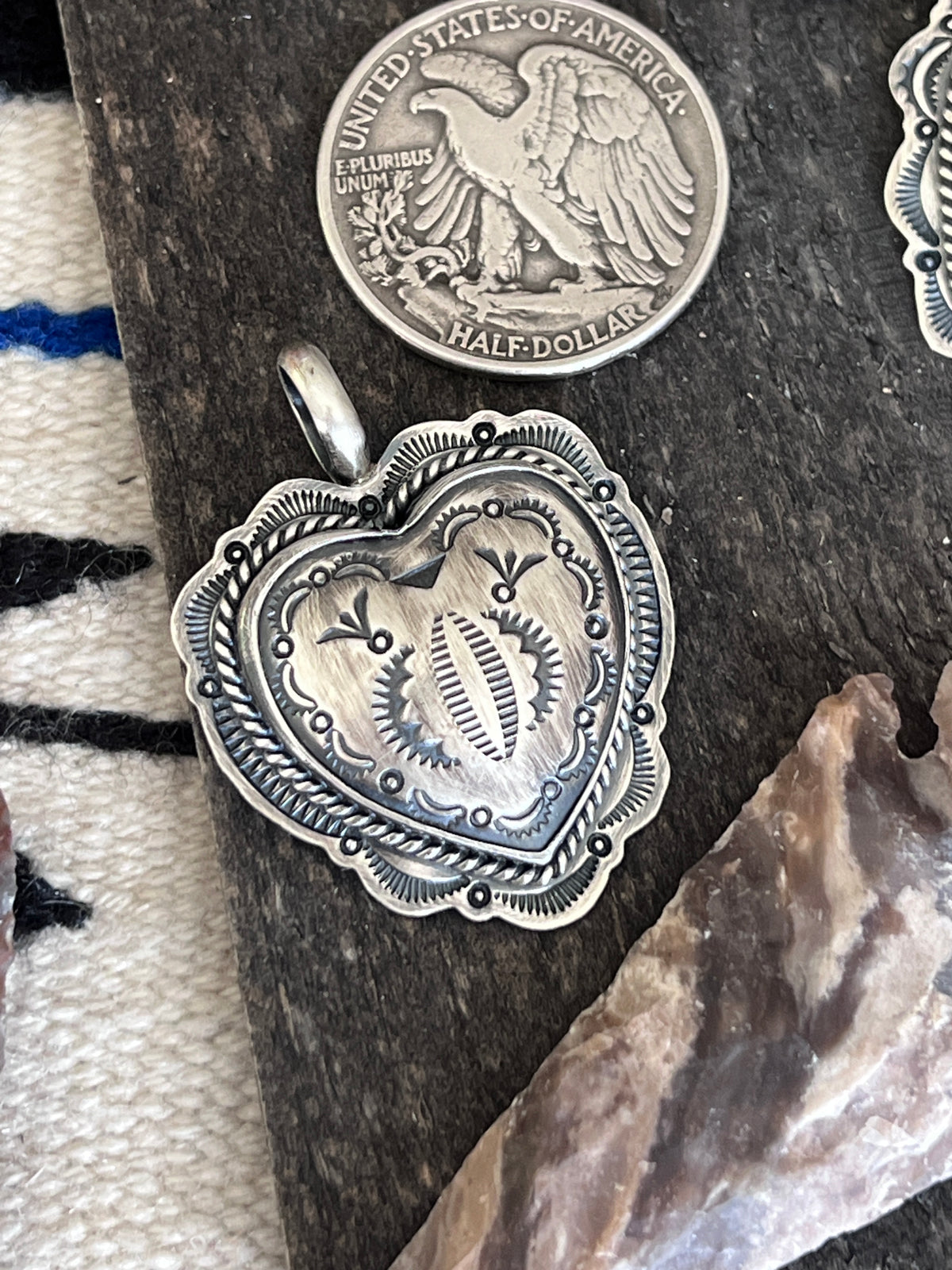 Hand Stamped Sterling Silver Heart Pendants by Murphy Platero, Medium