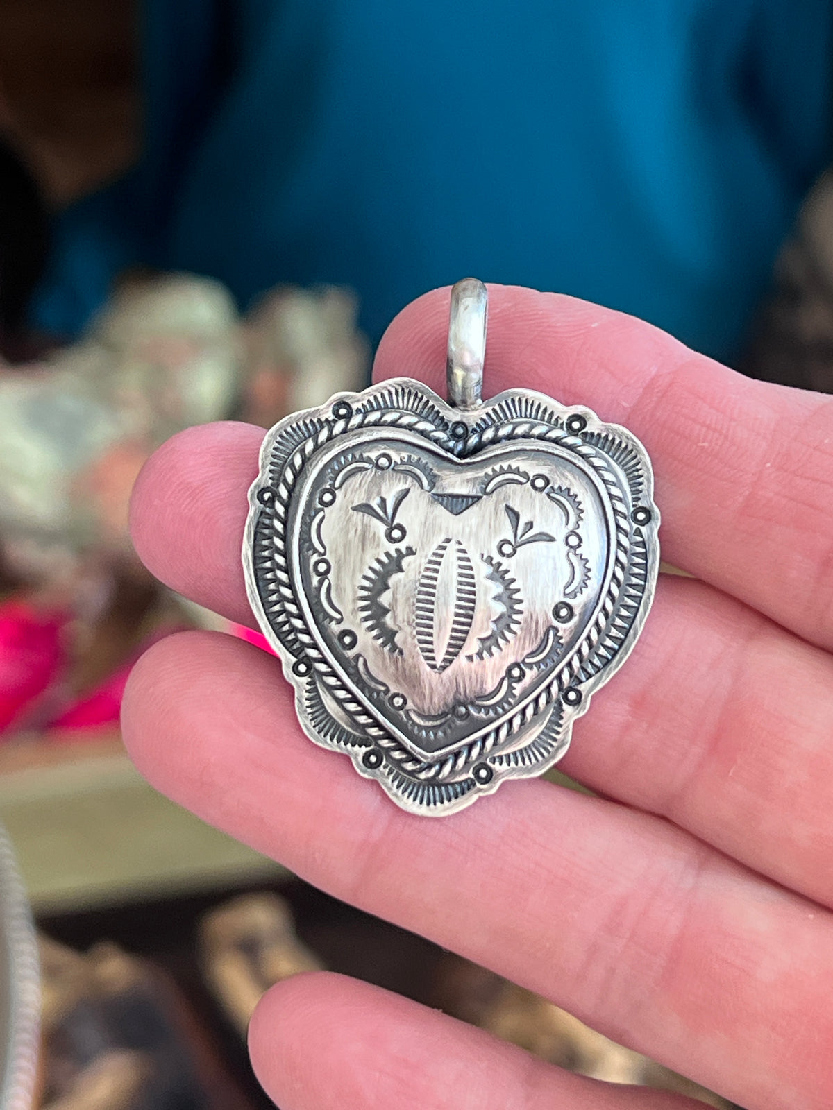 Hand Stamped Sterling Silver Heart Pendants by Murphy Platero, Medium