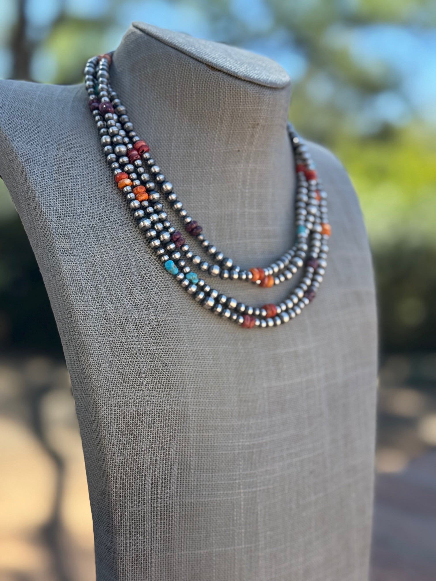 Sterling Silver & Multi Stone Beaded 4-6mm Necklace 72"