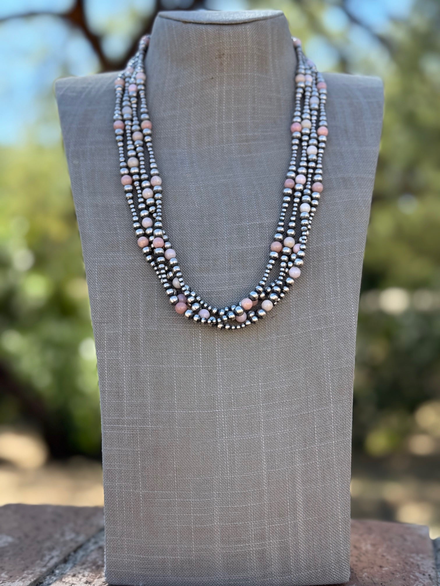 Handcrafted Pink Conch & Sterling Silver 3-6mm Beaded Necklace 24"