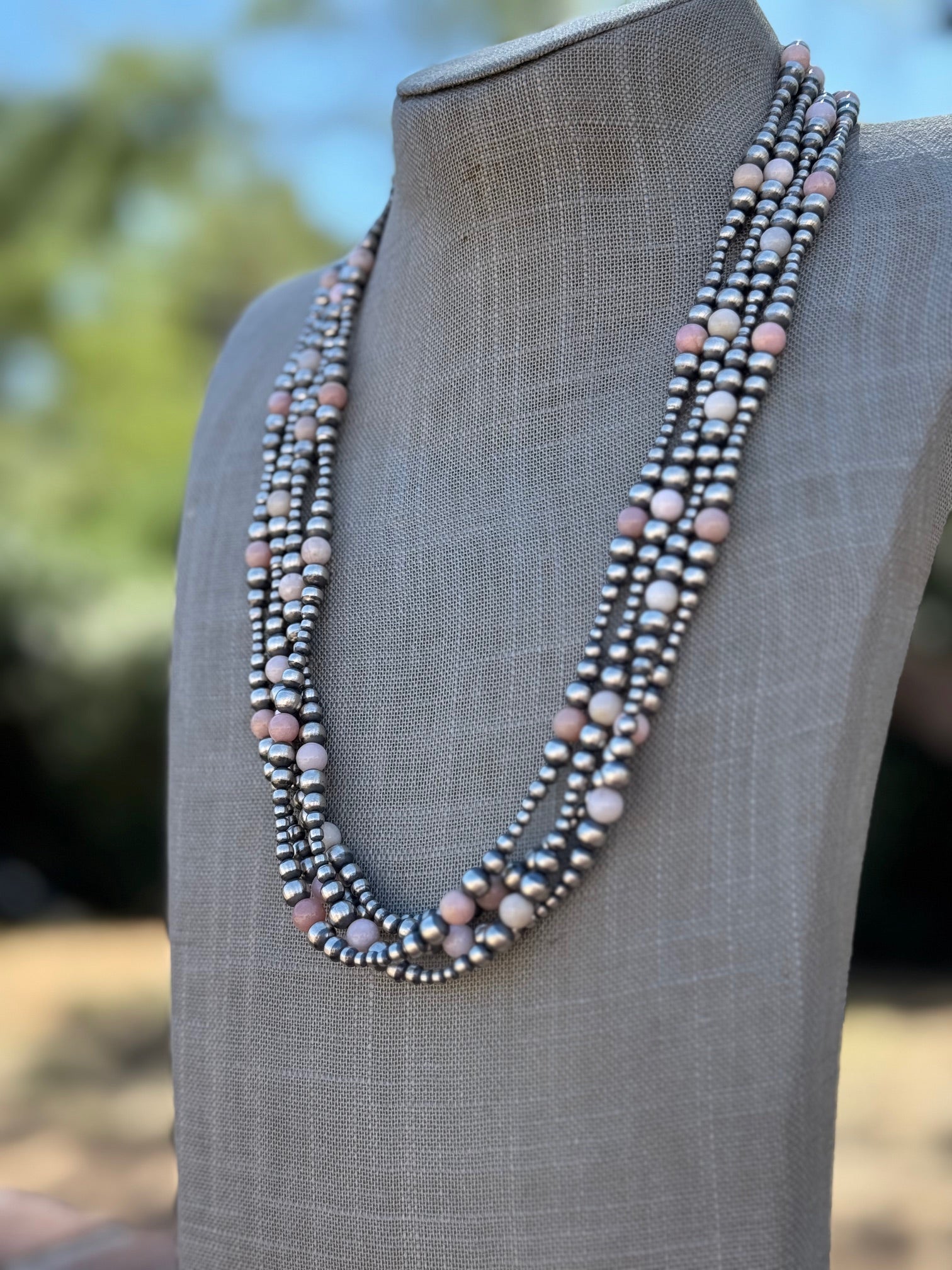 Handcrafted Pink Conch & Sterling Silver 3-6mm Beaded Necklace 24"