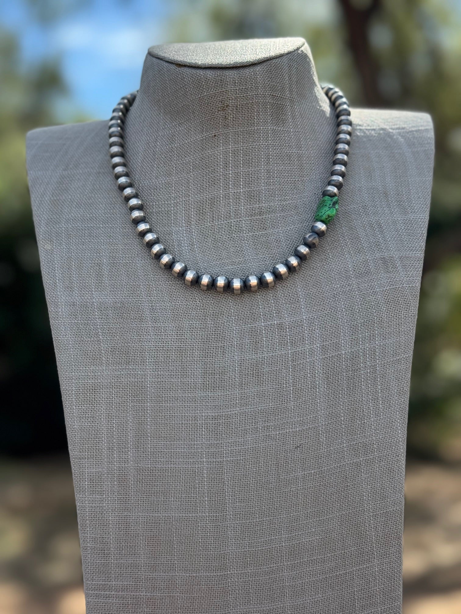 Handcrafted Sterling Silver & Kingman Turquoise 10mm Beaded Necklace 18"